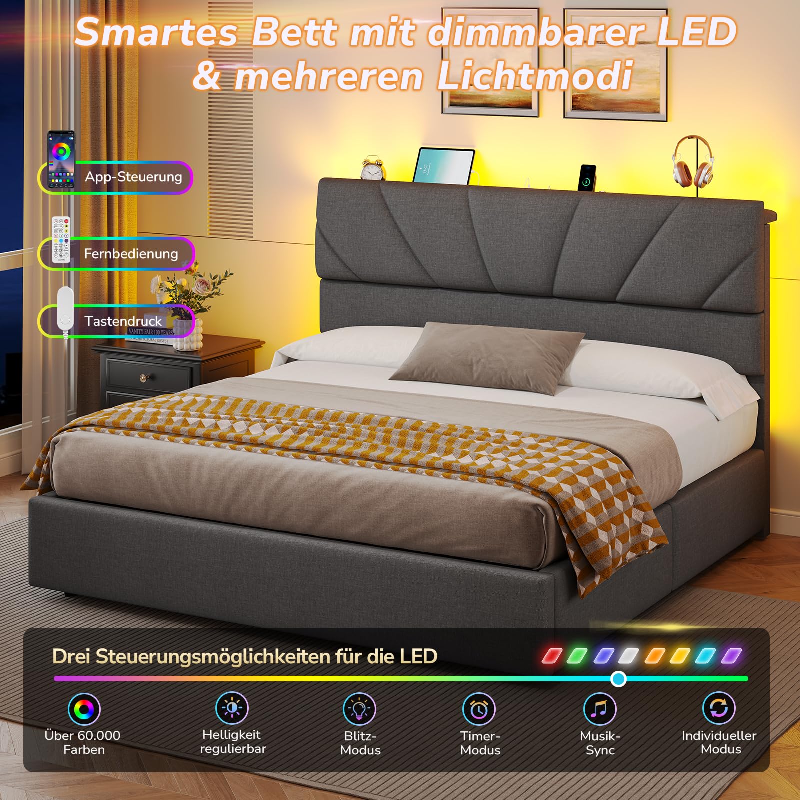 Polsterbett 180x200 mit 1000L Stauraum & Lattenrost | Lift-Up, 1000L Stauraum, LED, USB/AC, 3-Fach Kopfhöhe, 400kg Tragkraft, geräuschlos