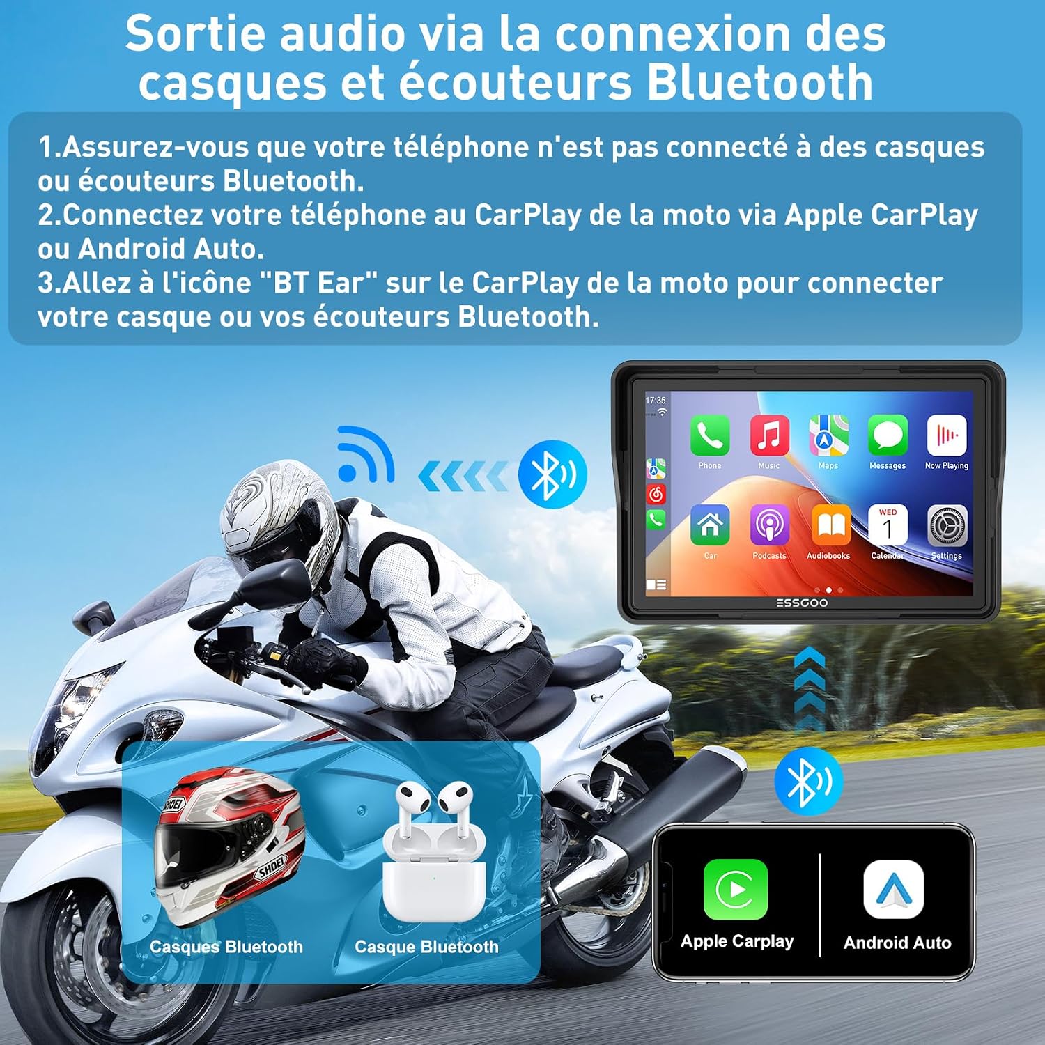 Image illustrating Bluetooth audio output from the ESSGOO screen to a Bluetooth helmet and earphones, with a motorcycle in the background.