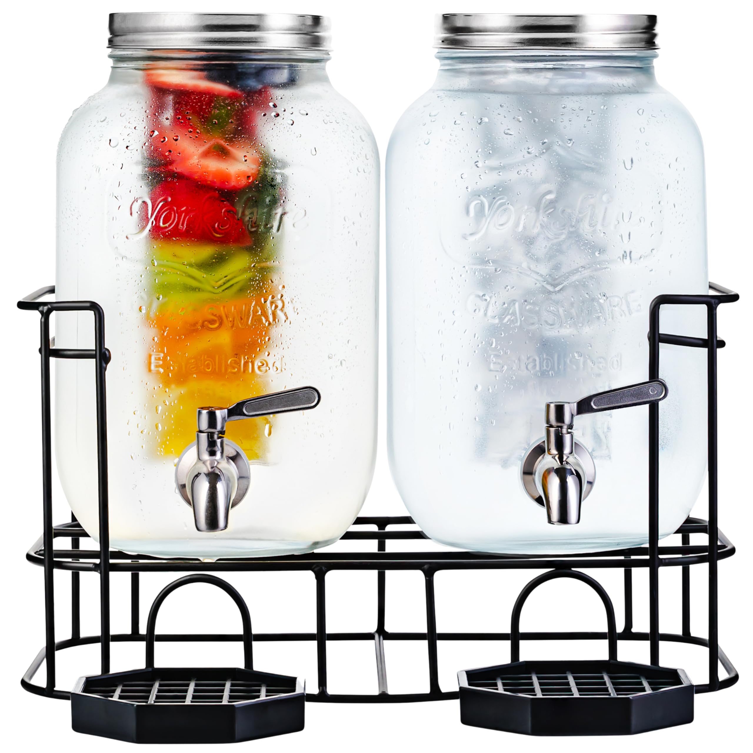 Dispensadores de bebidas de vidrio de doble galón con infusor de frutas e inserto de hielo, espitas de acero inoxidable, soporte de metal y bandejas de goteo para bebidas frías y agua saborizada