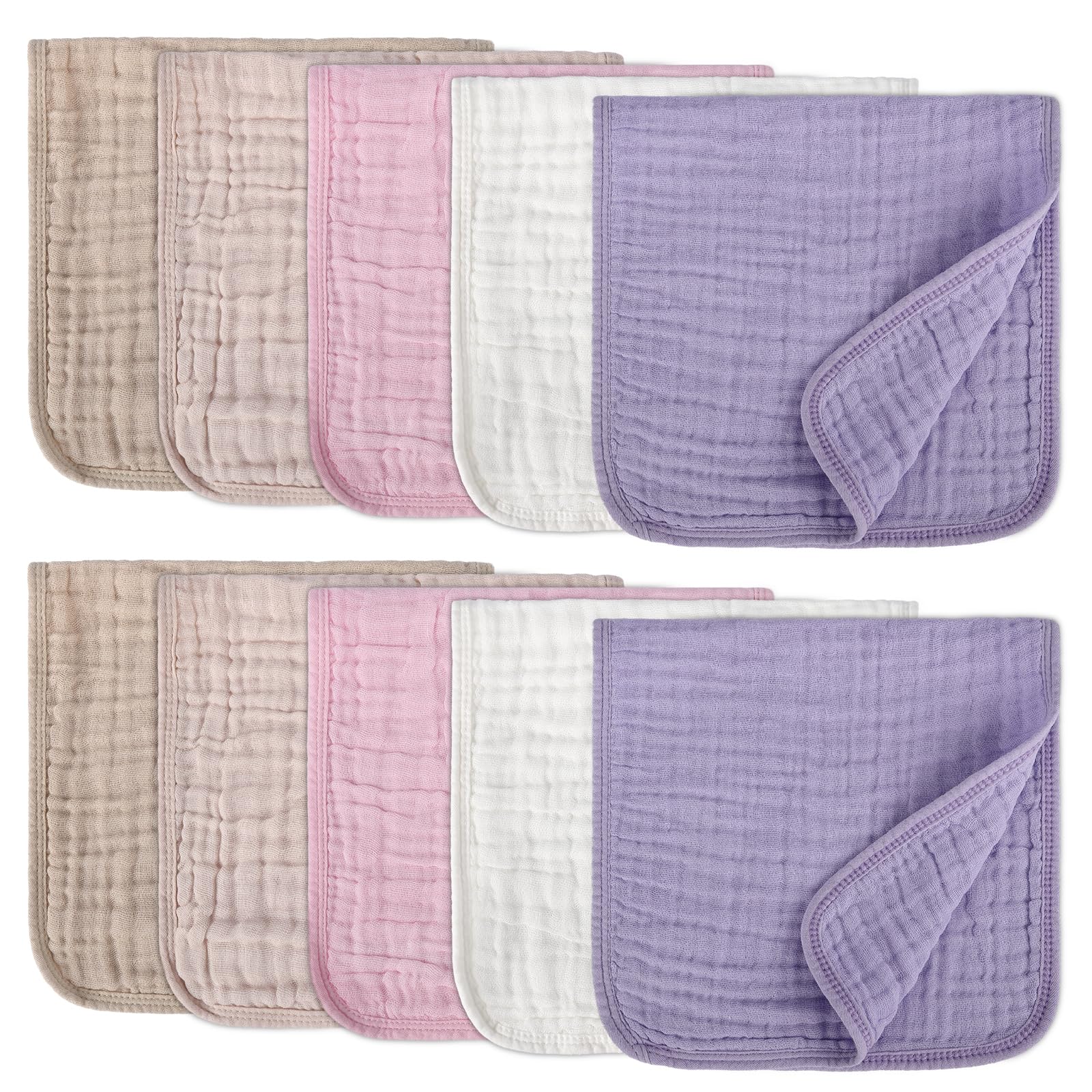 10 Pack Muslin Burp Cloths for Baby Girls 100% Cotton 20x10 Inch Popular Girl Colors Set Purple Pink Beige Brown White Soft Absorbent Newborn Infant Burping Cloths-picture-43