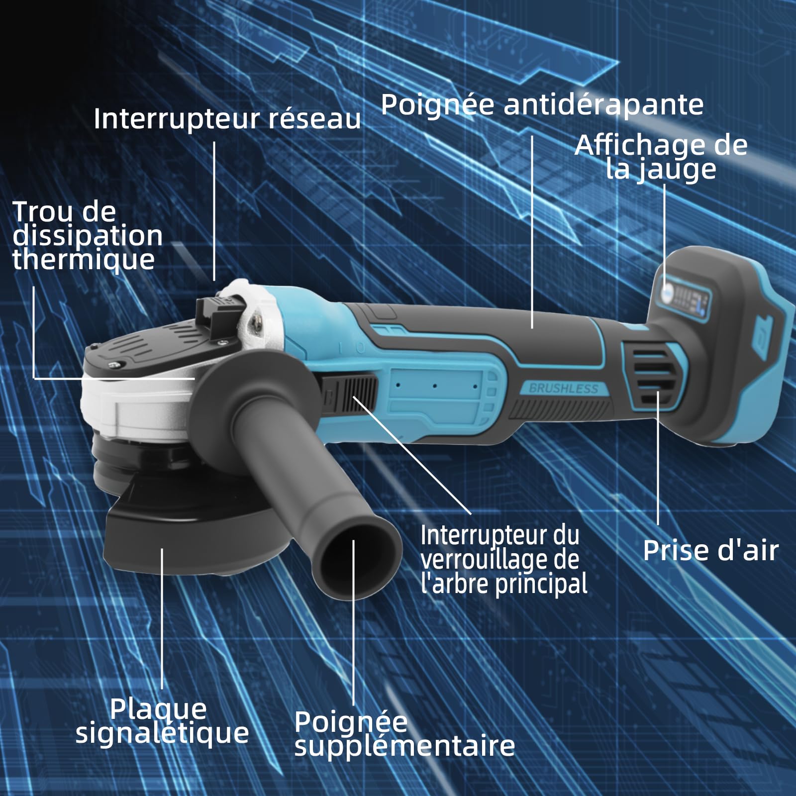 Meuleuse d'angle sans fil compatible avec Makita 18 V, 8500 tr/min, 4 niveaux de vitesse, disque abrasif de 125 mm avec clé de meulage pour meuler, couper et polir (sans batterie)