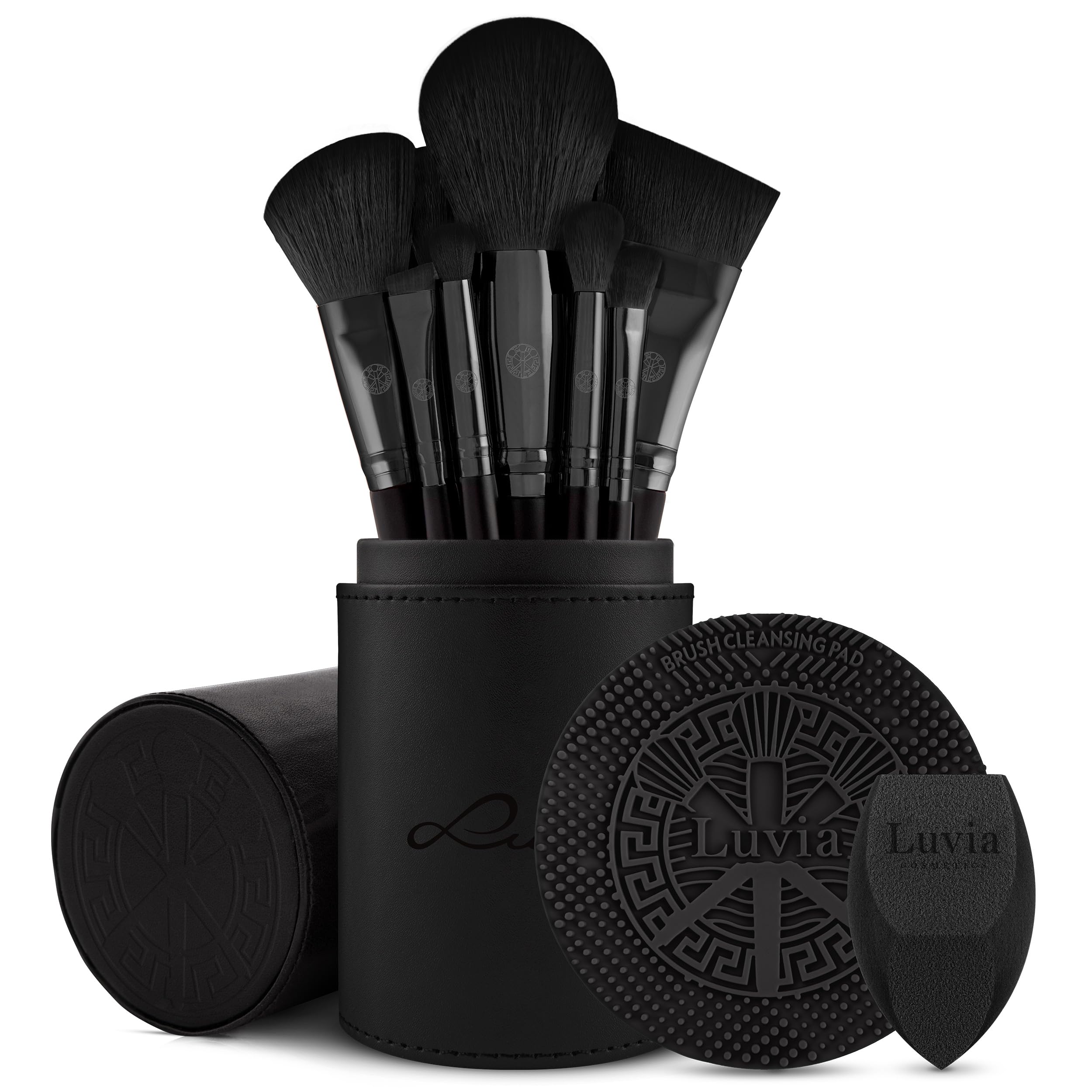 Luvia Prime Vegan Pro Make-Up Brush Set, Black, 12 Makeup Brushes Including Brush Storage, Blender Sponge & Cleaning Mat for Cosmetic Brushes, Black & Rose Gold
