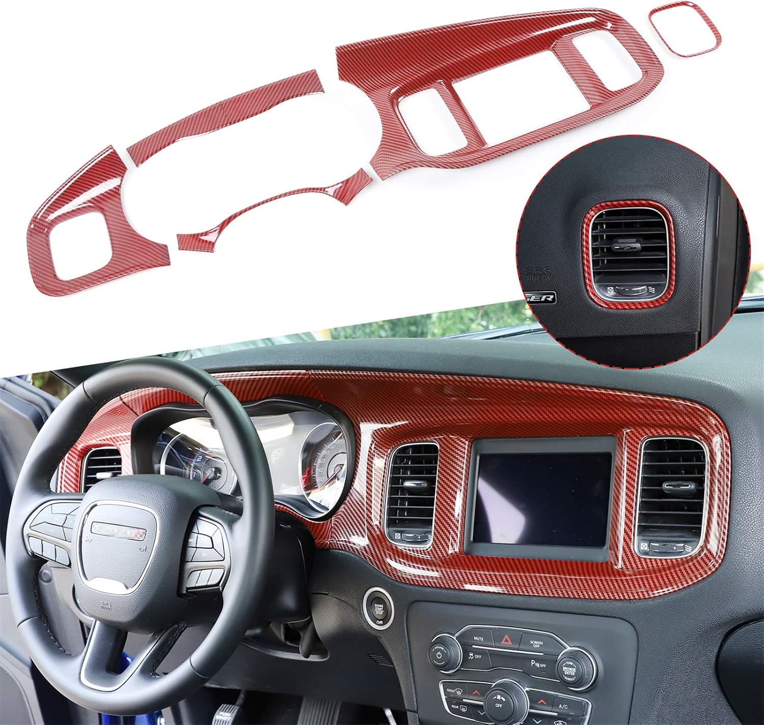 JeCar Center Console Dashboard Panel Trim Instrument Panel Cover Interior Decoration Accessories for Dodge Charger 2015-2020,Red Carbon Fiber