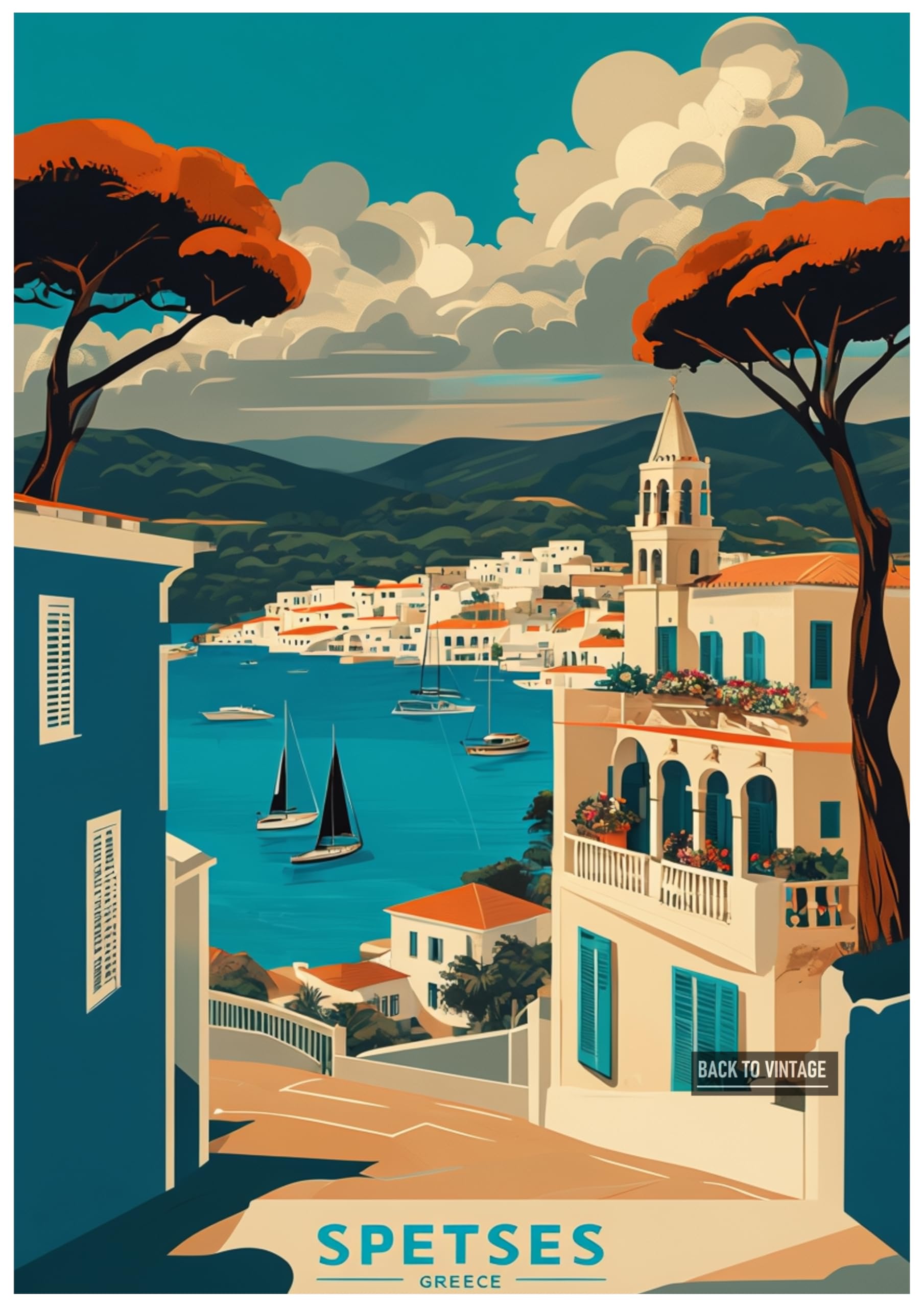 Back To Vintage Multicoloured Vintage Travel Poster Illustrating Spetses Coastal Town Beauty - Retro Europe Travel Poster A4 Size Vintage Wall Art Print Of Famous European Destinations Ideal For Home Or Office Decor