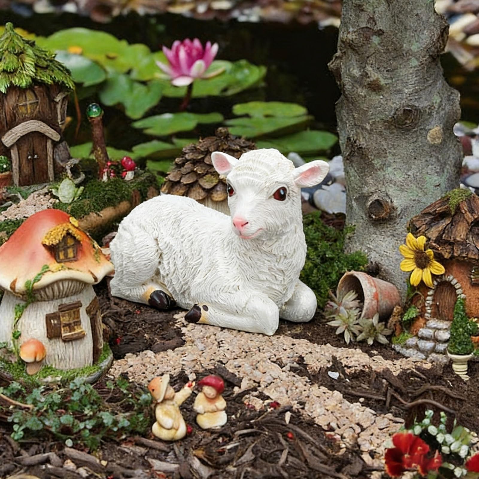 Cyrank Statue De Mouton De Jardin, Ornements De Jardin, Figurine De Jardin d'agneau, Sculpture Extérieure, Décoration De Jardin De Mouton Mignon pour Extérieur Et Intérieur(Mouton couché)