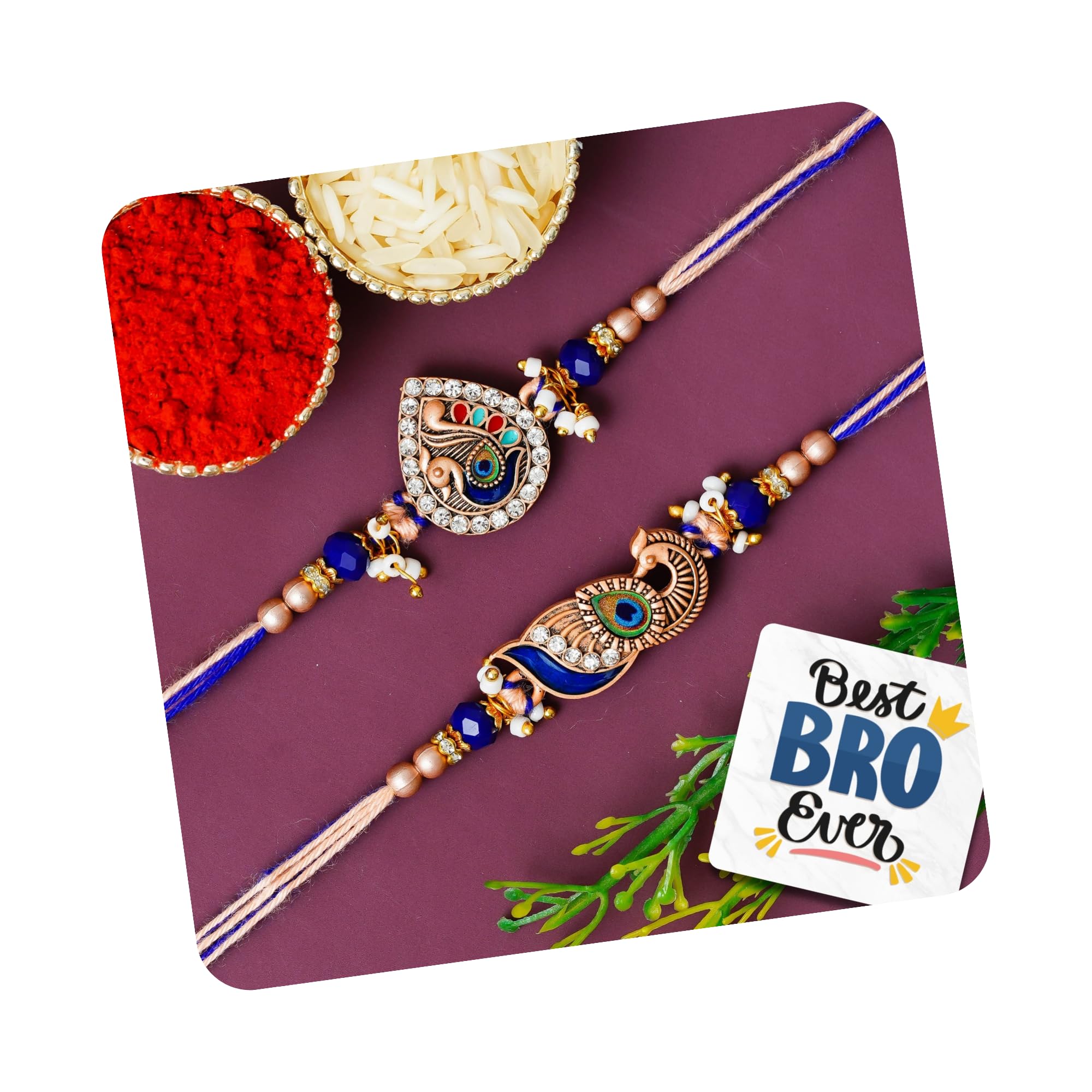 eCraftIndia Set of 2 Rakhis for Brother | Designer Peacock Rakhi Set for Bhaiya Bhabhi | Best Bro Ever Fridge Magnet | Roli Chawal Pack-image-36