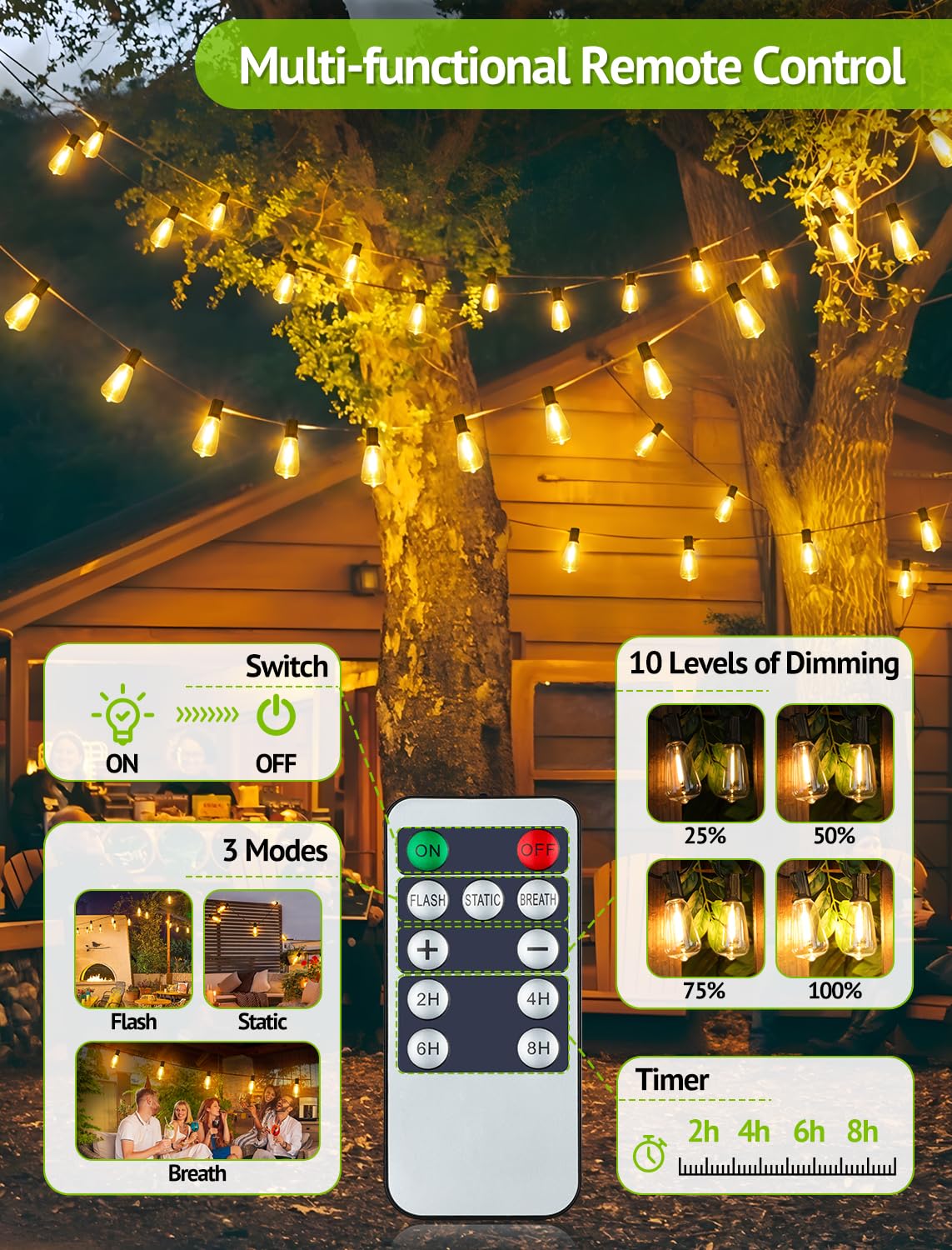 Larkvue Guirnalda de luces solares de 48 pies para exteriores con control remoto, luces de patio regulables impermeables con 15 + 1 bombillas LED ST38, 3 modos de iluminación colgante para patio