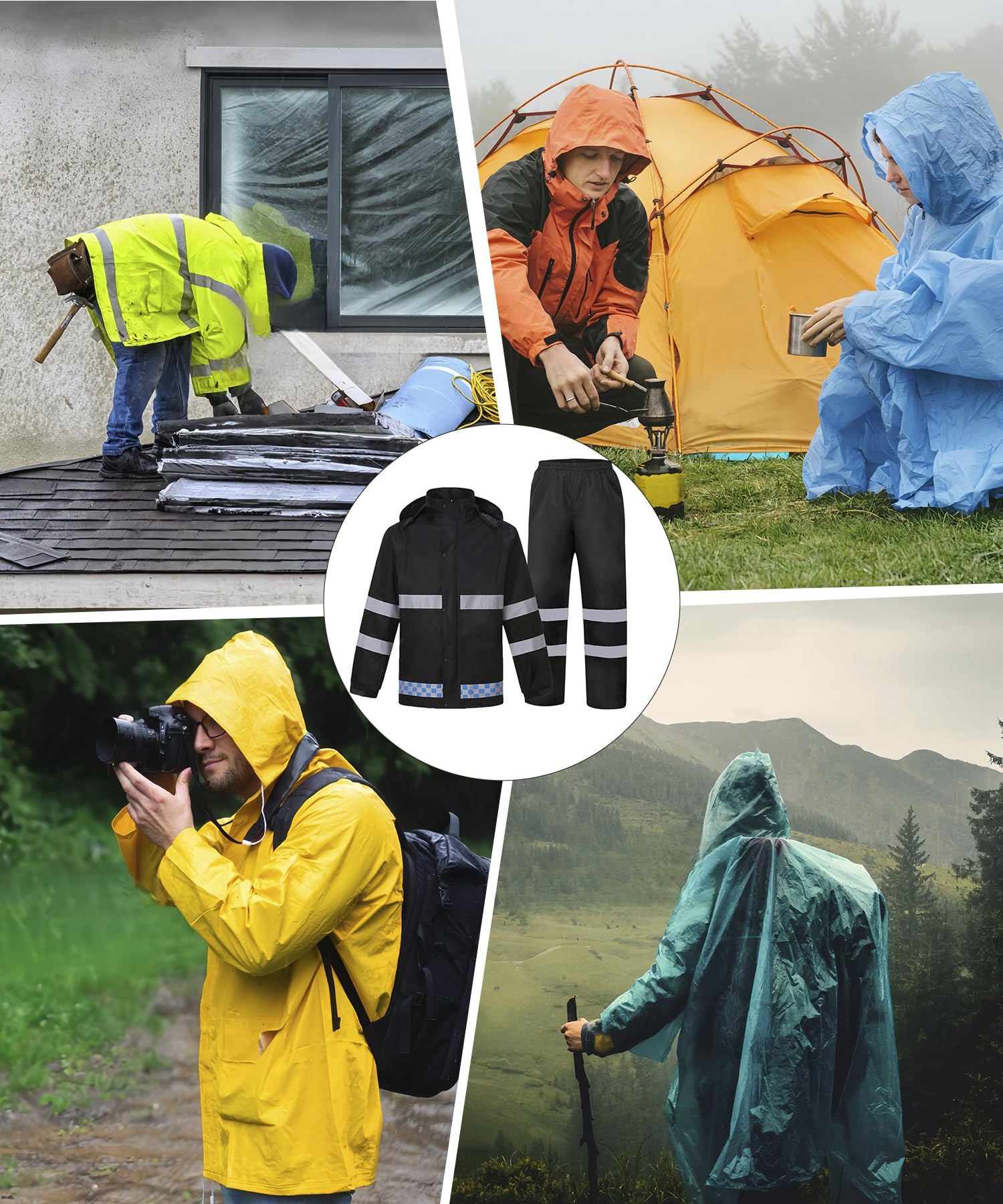 Herren Regenanzug Wasserdicht Anzug Outdoor Anti-Sturm Atmungsaktiv Regenbekleidung Ultra-Lite Erwachsenen Arbeit Regenmantel mit Kapuze und Regenhose Schwere Wasserdichte Jacke