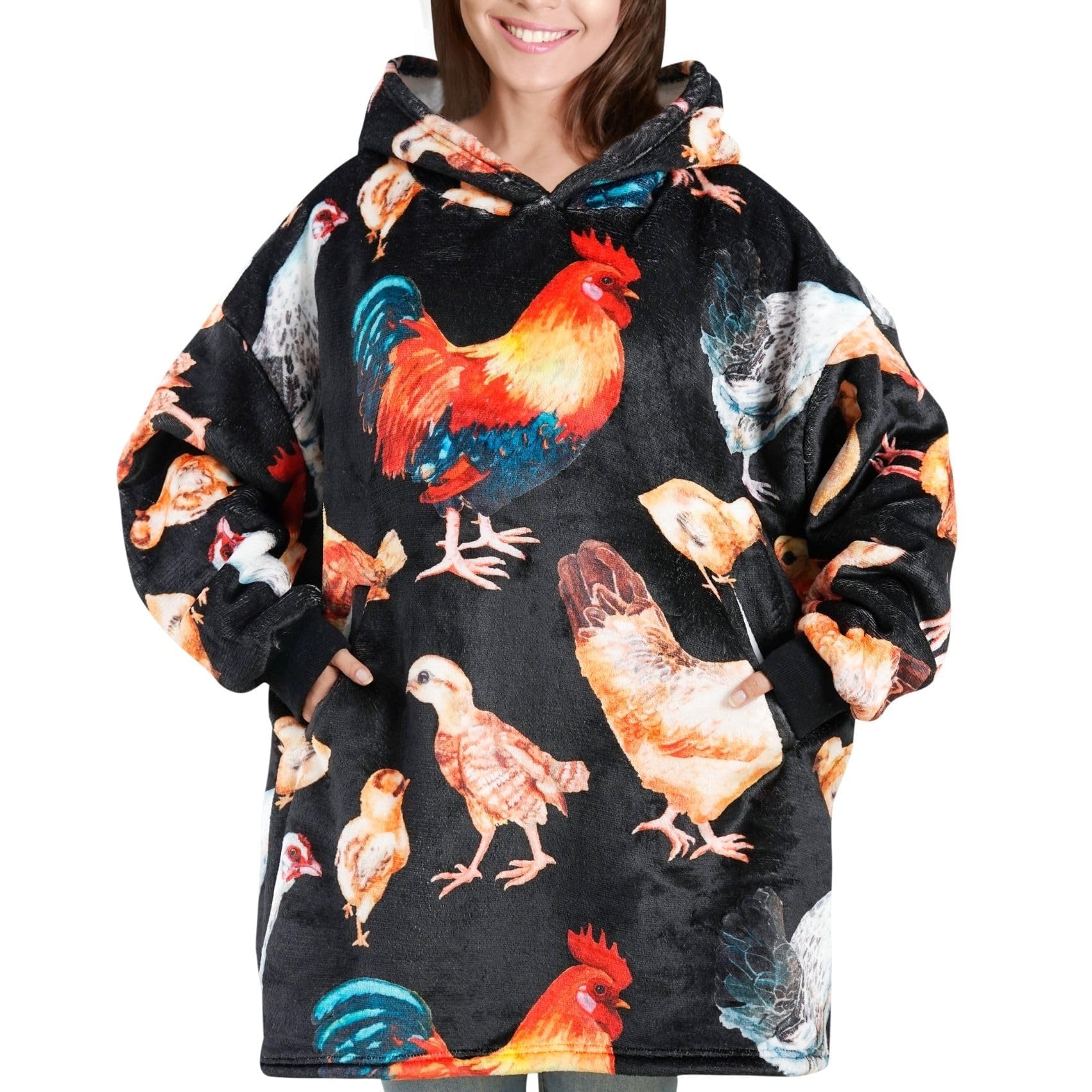 Chicken Gifts for Women Men, Rooster Lovers, Farmers, Wearable Flannel Plush Blanket with Hood, Super Soft Warm Cozy Sweatshirt with Giant Pockets,