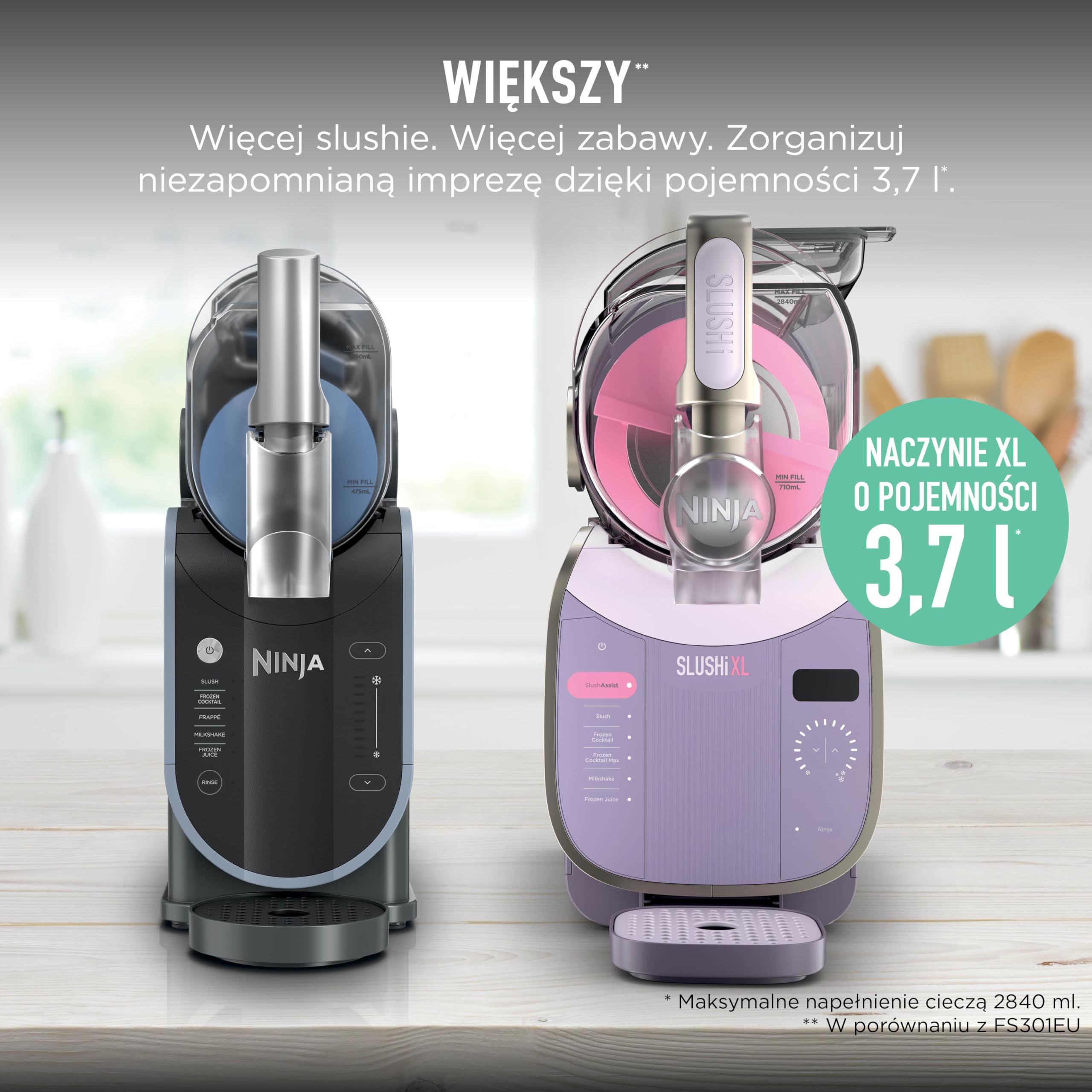 Ninja SLUSHi XL wielofunkcyjna maszyna do mrożonych napojów z technologią SlushAssist, Bardzo duża pojemność 3,7l (maks. napełnienie 2840 ml), Przygotuj slushie, mrożone koktajle itp., Pink FS601EUPK1