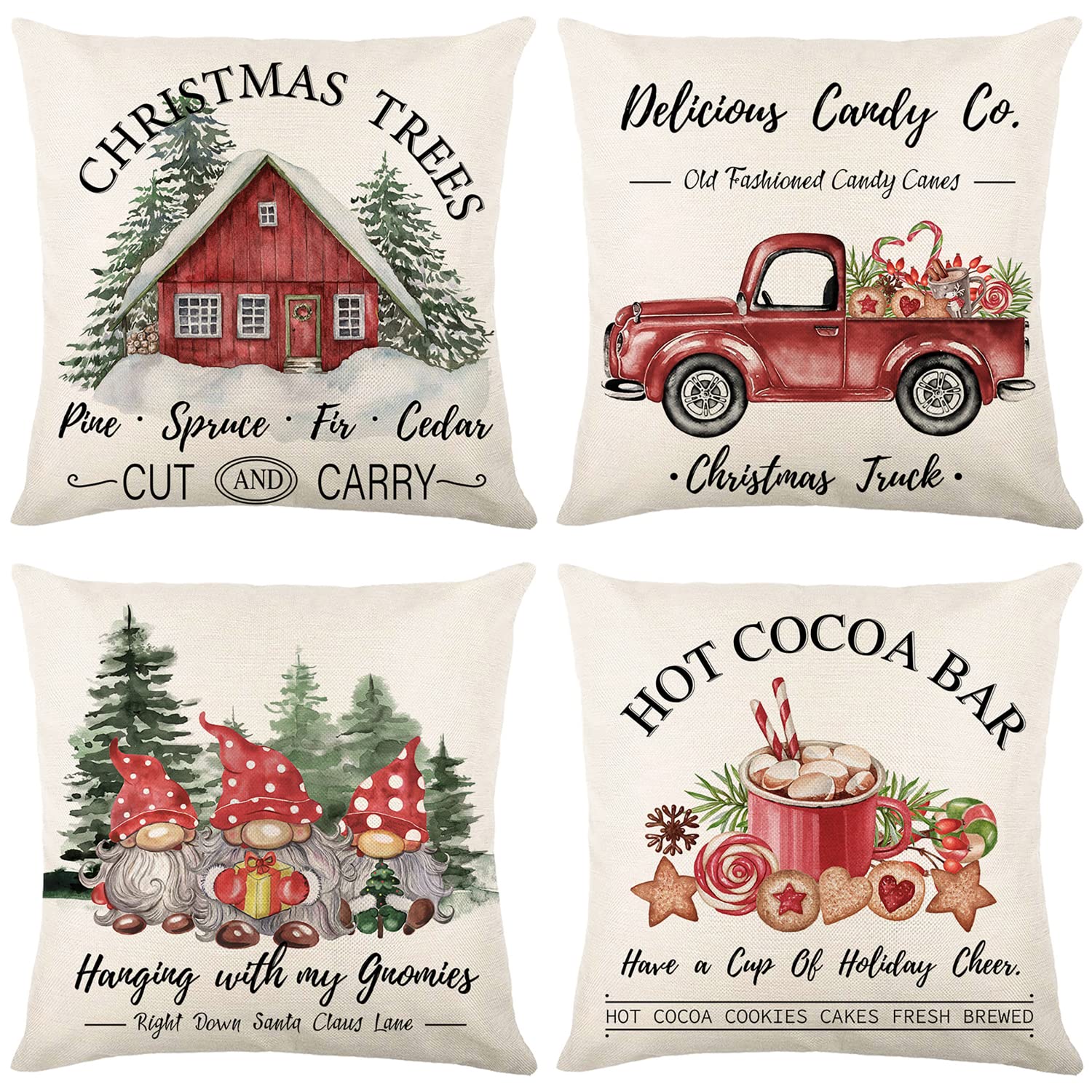 Hofomca Christmas Throw Pillow Covers 18x18 Set of 4, Merry Christmas Tree Gnome Red Truck Candy Cane Xmas Farmhouse Decorations Rustic Winter Holiday Couch Cover for Sofa Bedroom Home Outdoor