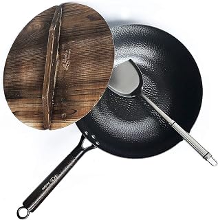 Souped Up Recipes 12.5 Inch Pre-Seasoned Carbon Steel Flat Bottom Wok with Lid, Spatula - Gas, Induction, Electric Compatible