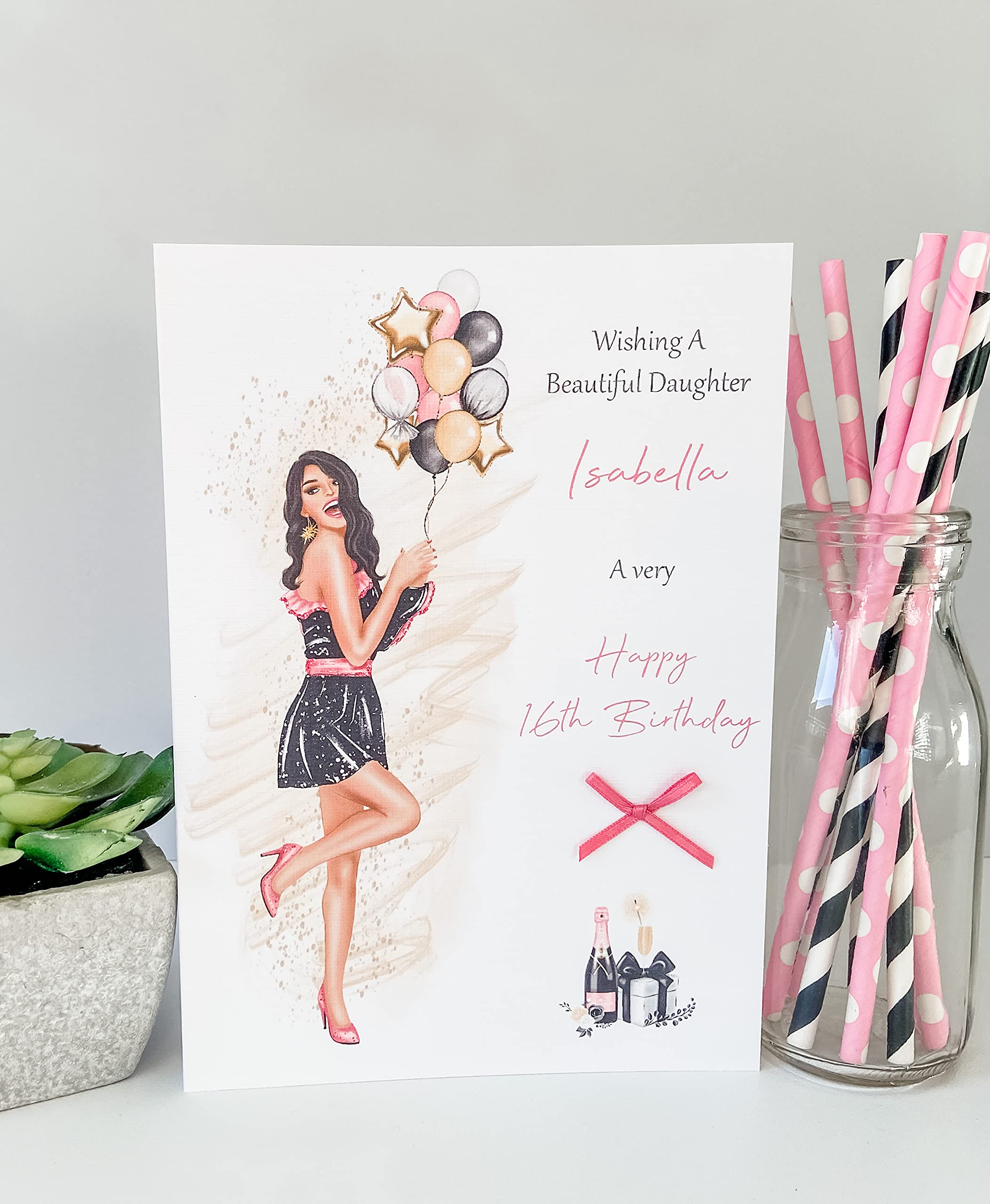 Personalised Female Birthday Card Party Girl Daughter Granddaughter 16th 18th 21st 30th 40th (Large A5, Light Skin/Dark Hair)