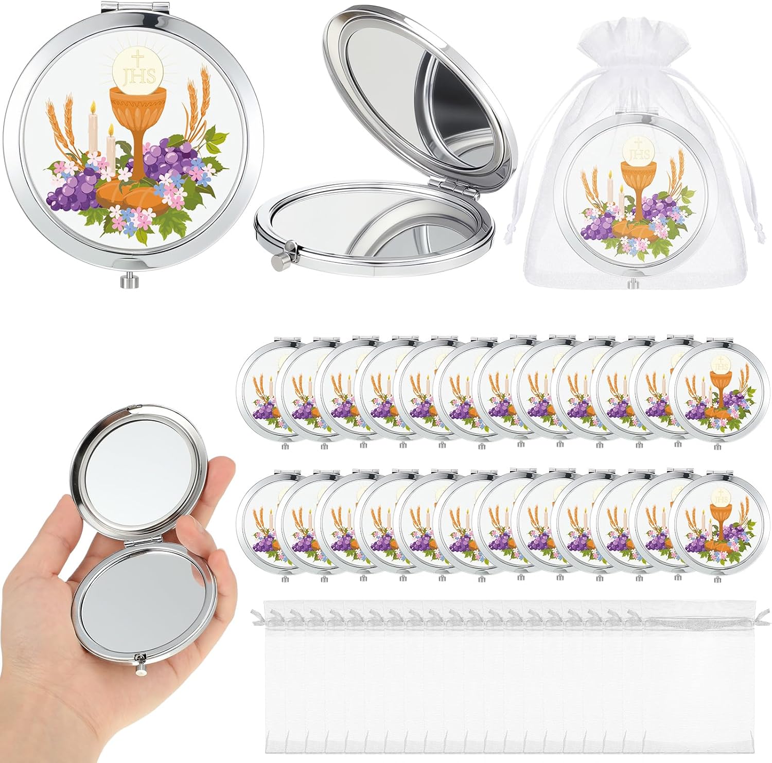 Bucherry 24 Pack Baptism Compact Mirror Favor with Organza Bags Bautizo Recuerdos De Bautizo Para Holy Spirit Baptism Compact Mirror for Christening Party Favor