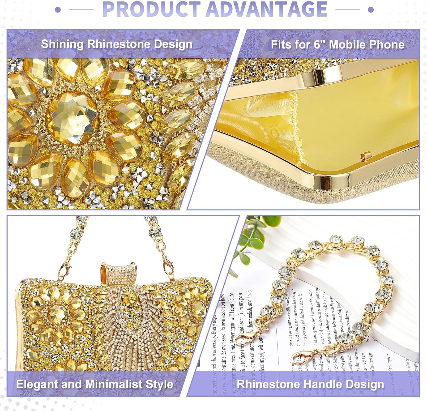 uxcell Evening Bags for Women, Sparkly Crystal Clutch Purse with Rhinestone Chain Handbags for Wedding Party Evening Weekend, Gold