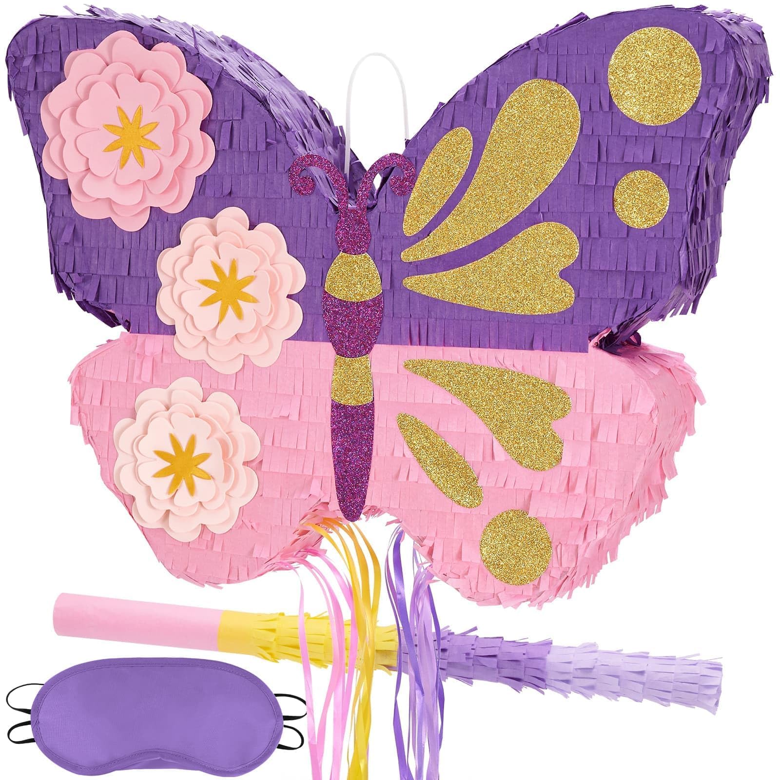 WERNNSAI Schmetterling Pinata – Schmetterling Geburtstag Pinata Deko Mädchen Kinder Rosa Lila Blumen Piñata mit Stock Augenmaske Quaste Kordelzug Geburtstagsparty Dekoration Lustig Piñata Spiele