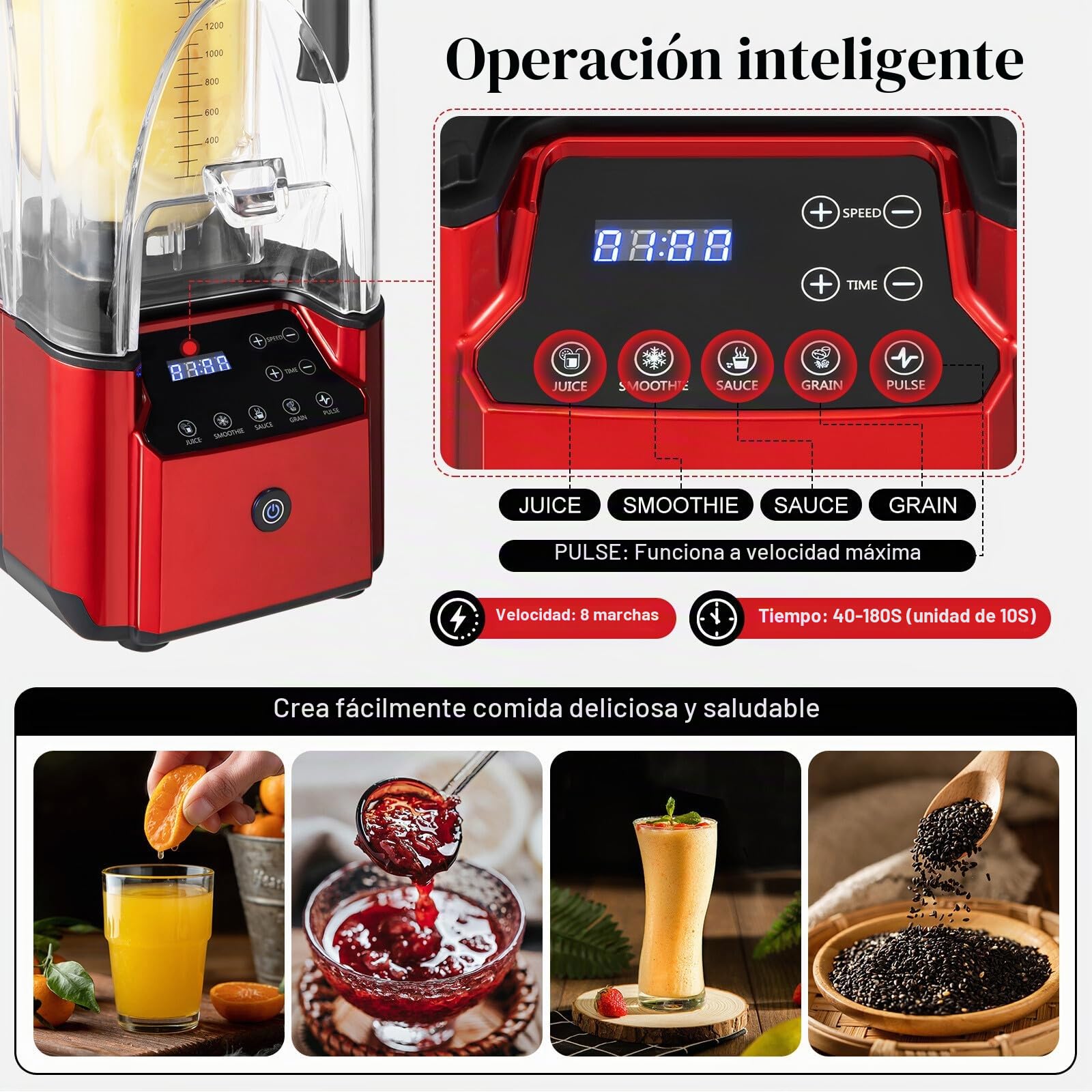 Batidora de 6 hojas de acero soplado de alto rendimiento con aislamiento acústico, batidora universal inteligente táctil inteligente para batidos, insonorizada, 2,2 litros, 2200 W