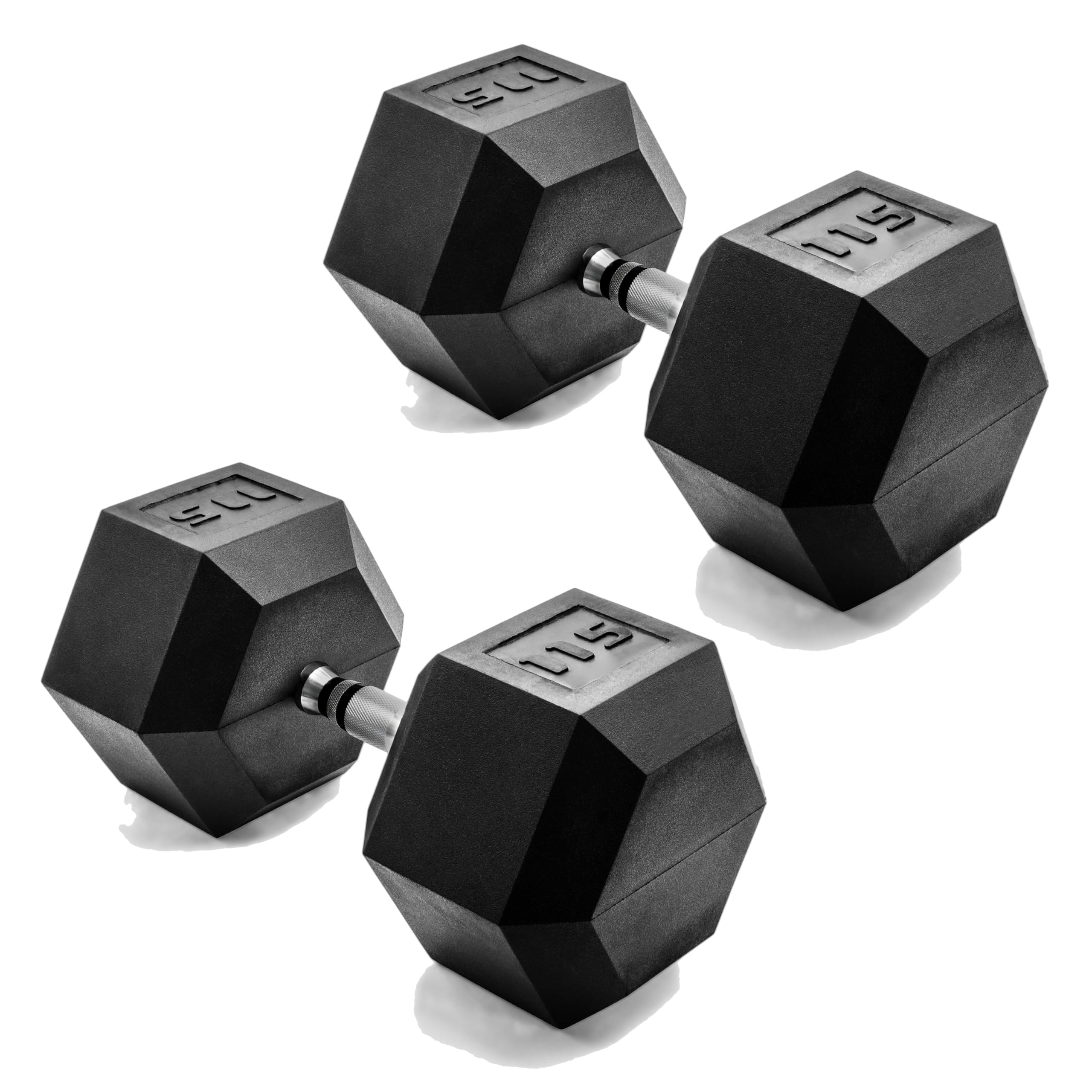 CAP Rubber Coated Dumbbell Weights, Free Weights for Home Gym Strength Training, Anti-Roll Hex Dumbbells with Black, Chrome &amp; Comfort Grip Handles, Pairs &amp; Sets