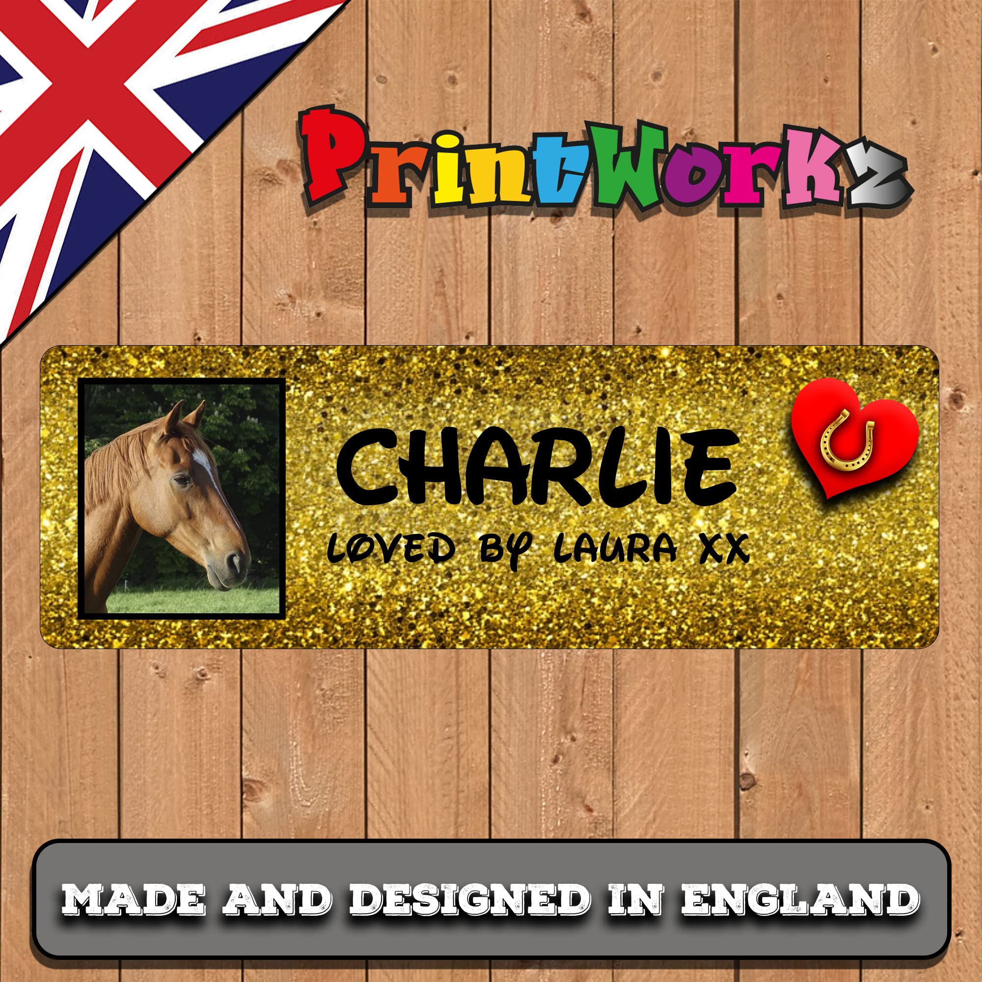 Personalised Stable Door Sign, Horse/Pony Name Plate Plaque Glitter Long, Multicolor, 275mm x 90mm (001)