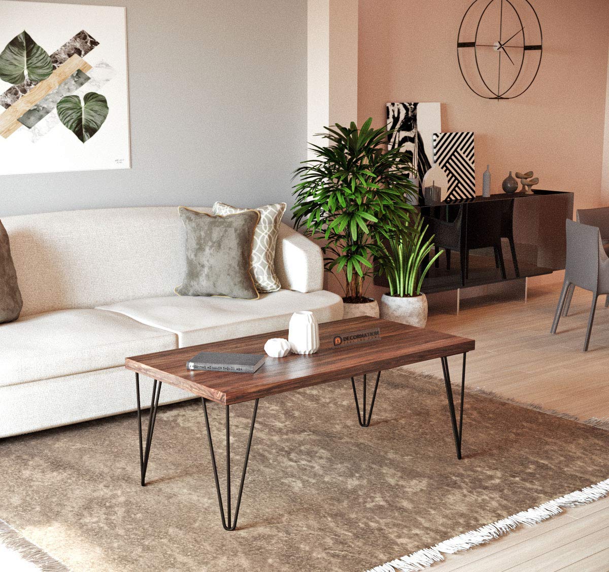 DecorNation Amias Wooden Coffee Table with Hairpin Metal Legs - Centre Piece, Walnut Coating for Living Room, Hall, Bedroom, Office Furniture (44 x 24 x 18 in, Brown)