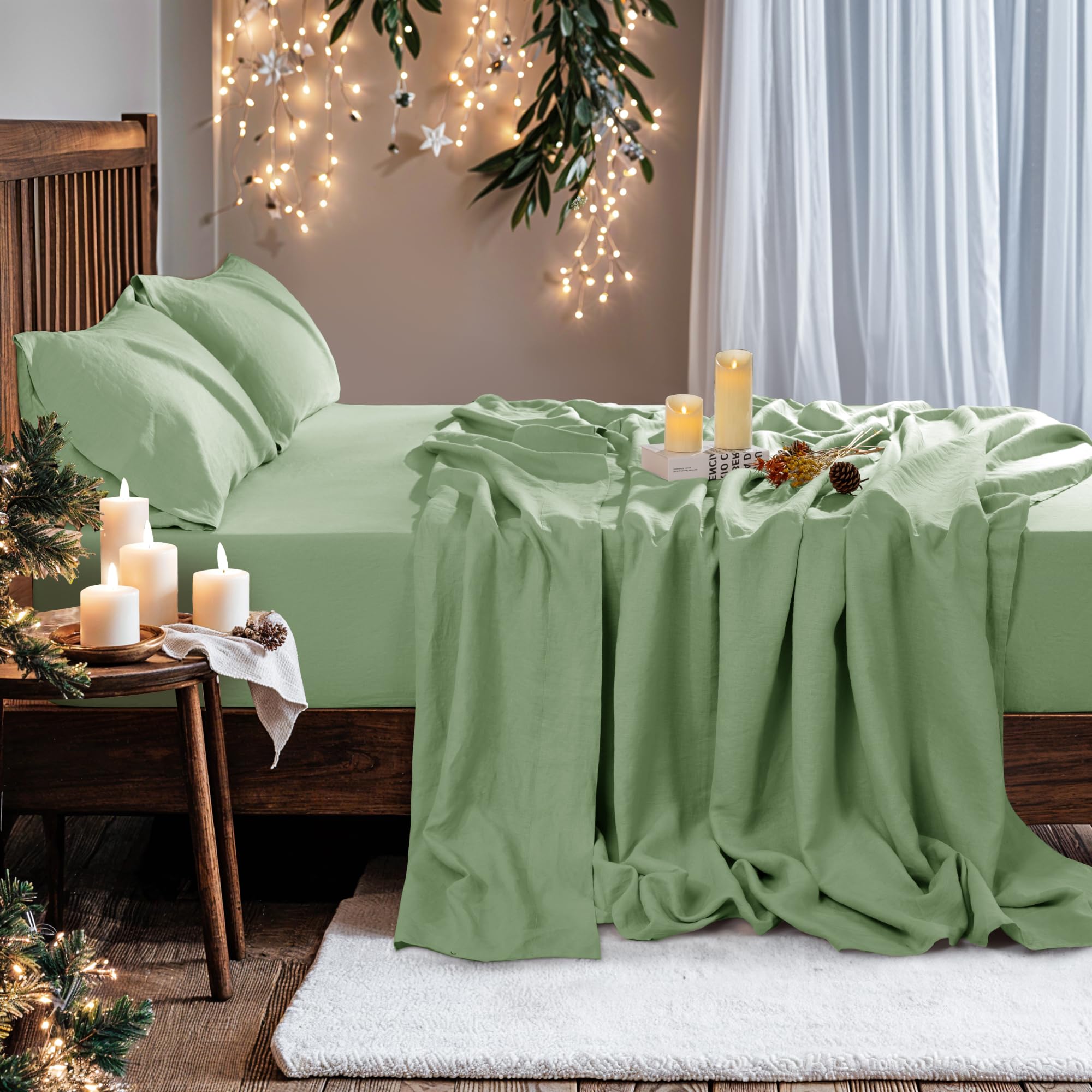 100% Pure Linen Sheet Set 4pcs Natural Linen Sheets Queen Size, Moisture-Wicking Bedding Set Up to 16" Deep Pocket (Green Queen)