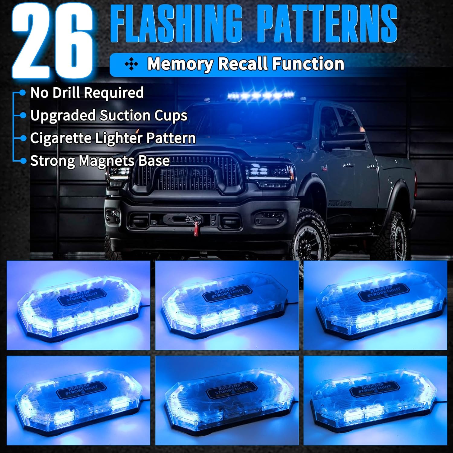 Blue LED Rooftop Strobe Beacon Lights 16 Inch, Beacon Emergency Warning 26 Flashing Modes Light for 12-24V Trucks, Snow Plow, Construction Vehicles (Blue)
