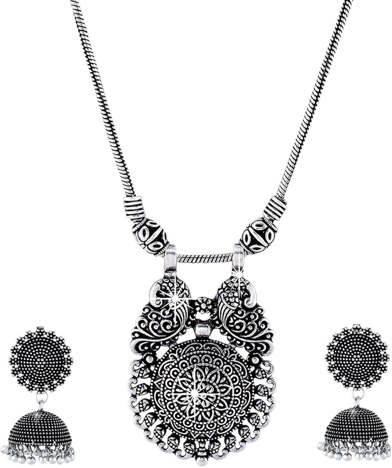 Yellow Chimes Designer Peacock Carved German Silver Oxidized Necklace Set With Jhumka Earrings By Yellow Chimes Jewellery Set For Women (Oxidized Silver) (Yctjns-Peackbnd-Sl)