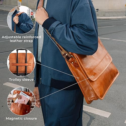 Miniatura 5 de BERLINER BAGS Vintage Leather Messenger Bag Ghent, Maletín para hombres y mujeres - Marrón