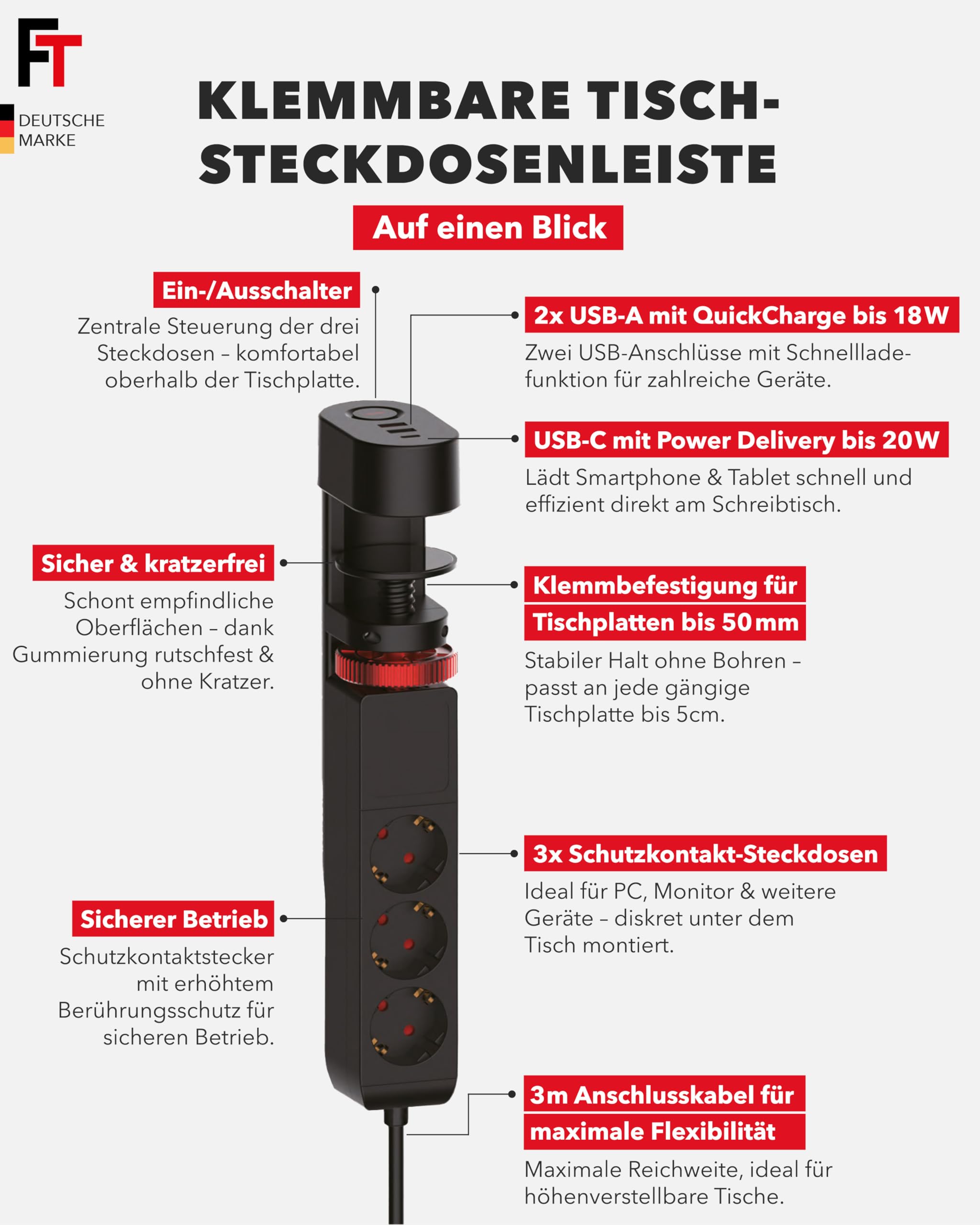 FeinTech MD833 Tischsteckdose klemmbar 3 Fach Steckdose mit 2X USB und 1x USB-C PD (20W), Steckdosenleiste Schreibtisch mit Schalter, 3m Kabel, schwarz