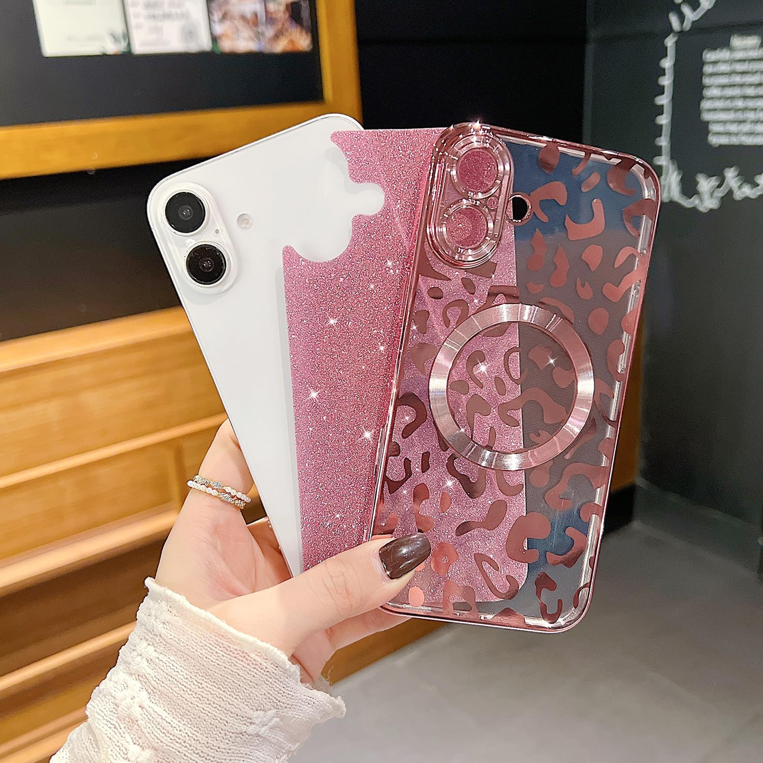 for iPhone 16 Plus Case Magnetic,Soft Cute Luxury Leopard Cheetah Pattern Plating Glitter Bling Phone Case Compatible with MagSafe Clear Shockproof Back Cover for Women Girl 6.7"-Pink - Image 5