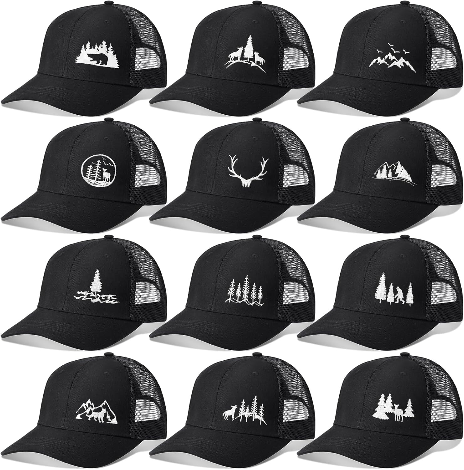 Hercicy 12 Pcs Frost Mountain Pine Tree Trucker Hat Outdoor Hat Embroidered Baseball Caps Adjustable Mesh Snapback for Men Women Fishing Golf Sports, Black