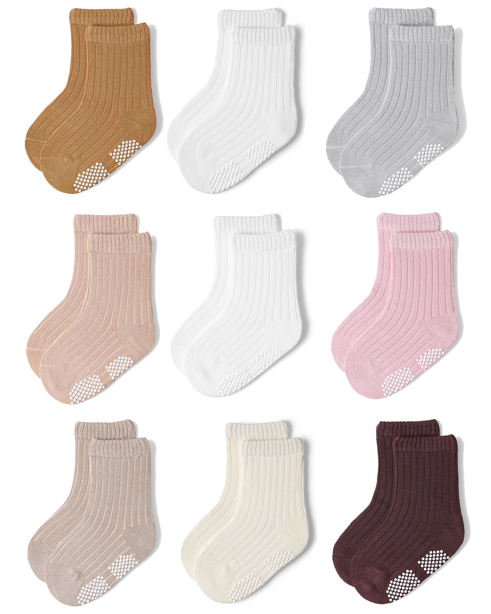 Baby Toddler Crew Socks, Non Slip Sole Combed Cotton for Boy Girl 9 Pairs