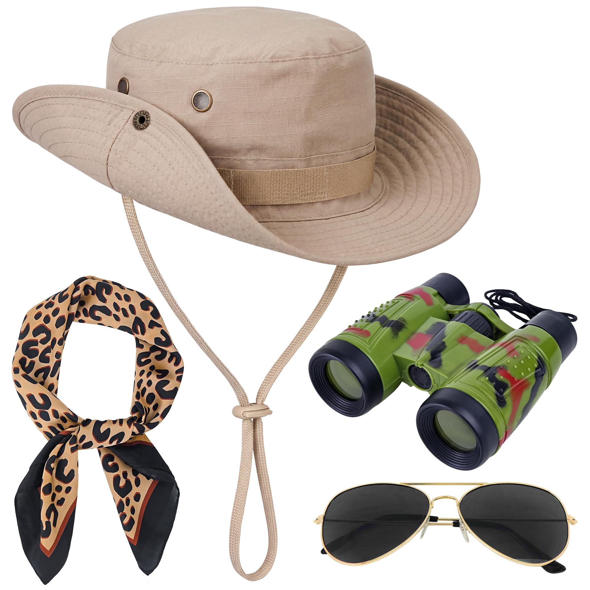 Horolam 4 PCS Safari Costume Accessories Set, Safari Hat Explorer Zoo Keeper Costume with Leopard Print Scarf Green Binoculars for Women World Book Day Dress Up (Brown Leopard) — image 1