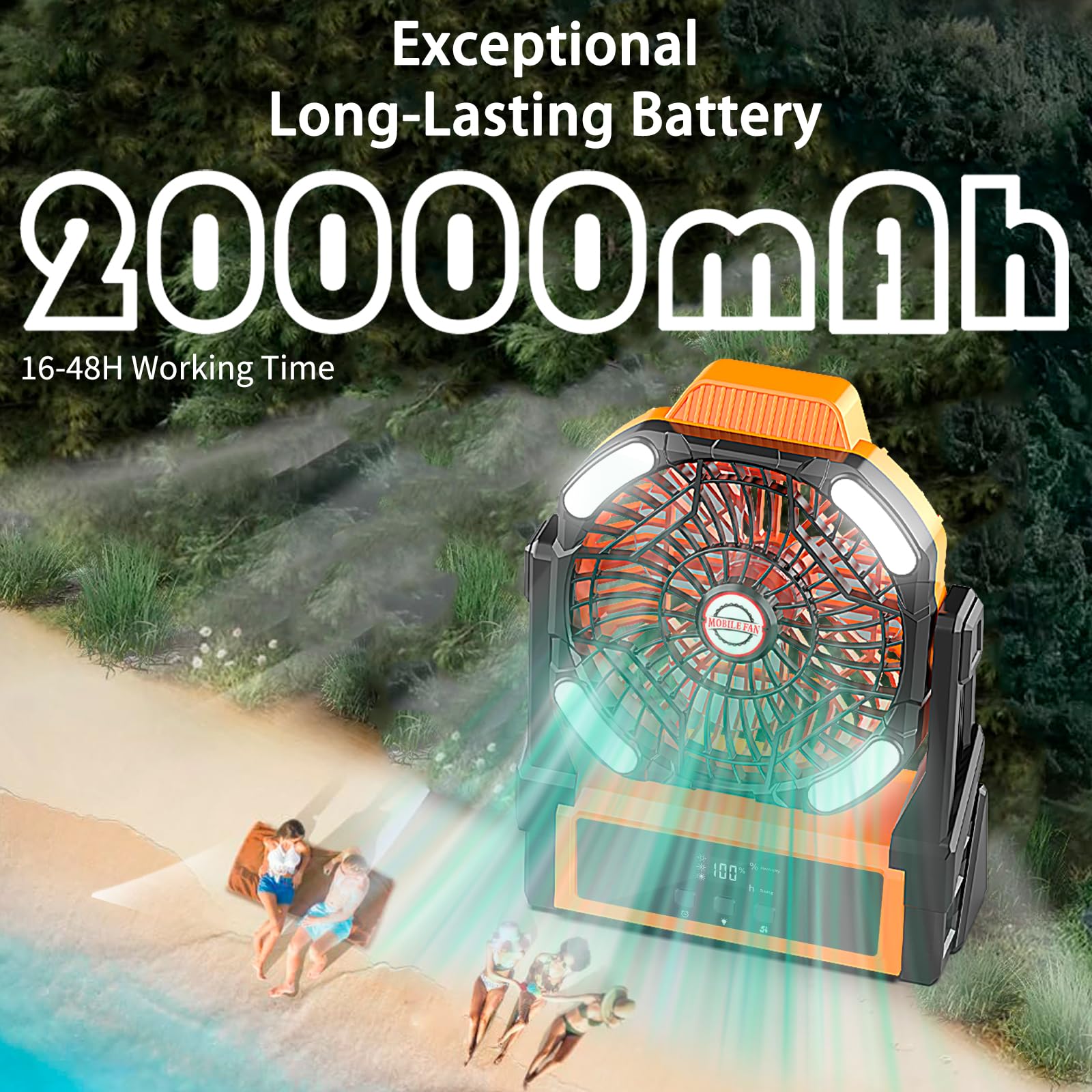 Sendowtek Ventilateur Batterie pour Camping 20000mAh, Puissant Silencieux avec Lumière LED et Crochet 4 Vitesses Réglables, Ventilateur USB sans fil portable rechargeable pour Tente Extérieur Bureau