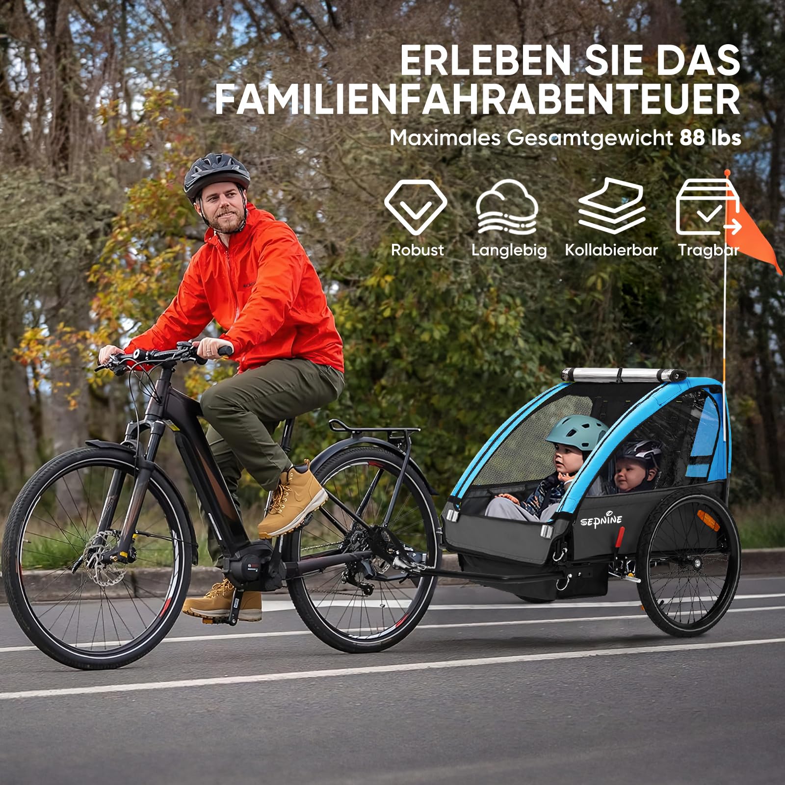 SEPNINE Kinderanhänger für Fahrrad, Fahrradanhänger für 1-2 Kinder, mit 5-Punkt-Sicherheitsgurt, Luftreifen, Handbremse, Faltbar, Max. 40 kg (Hellblau)