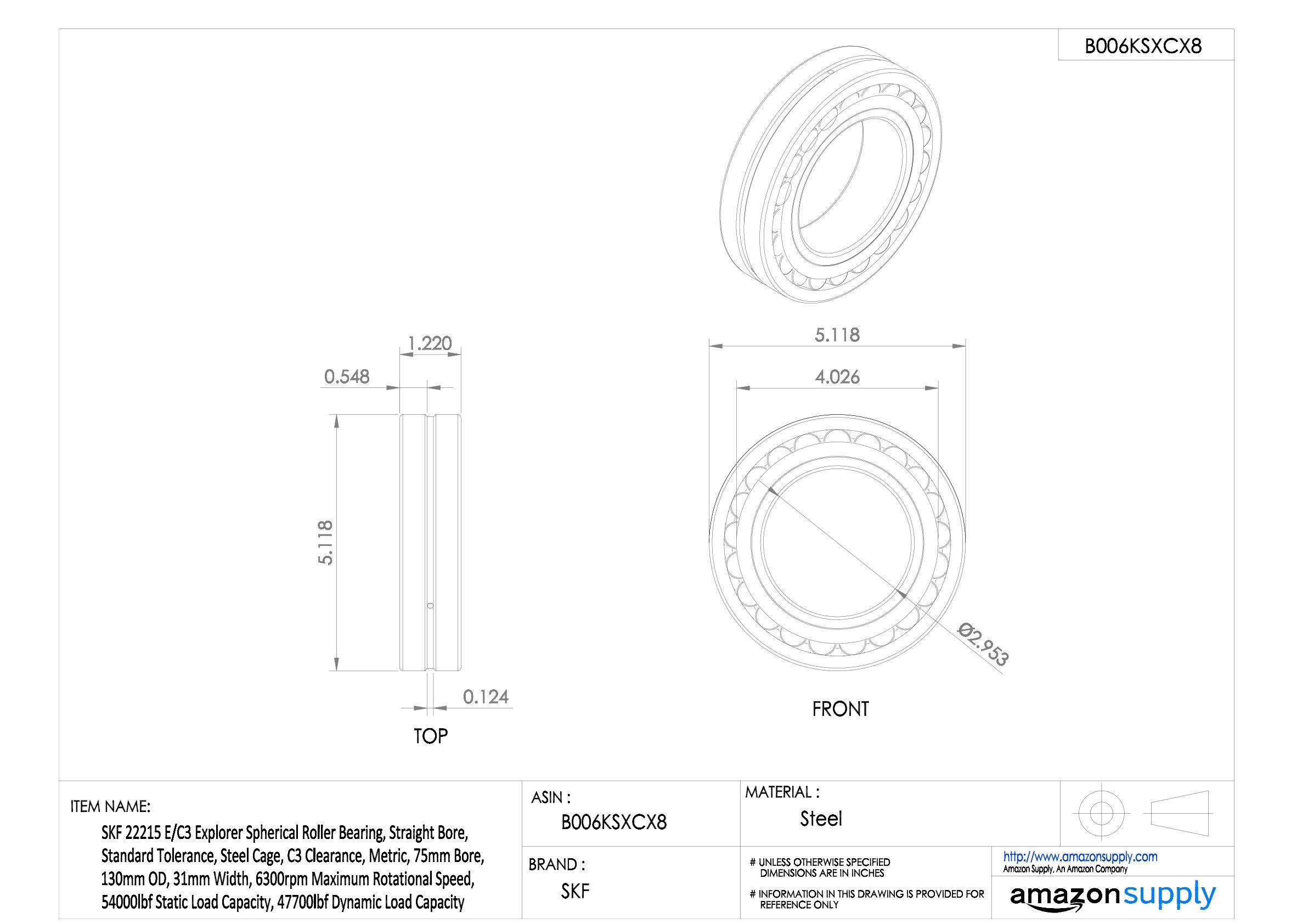SKF 22215 E/C3 - Rodamiento de rodillos radiales esféricos