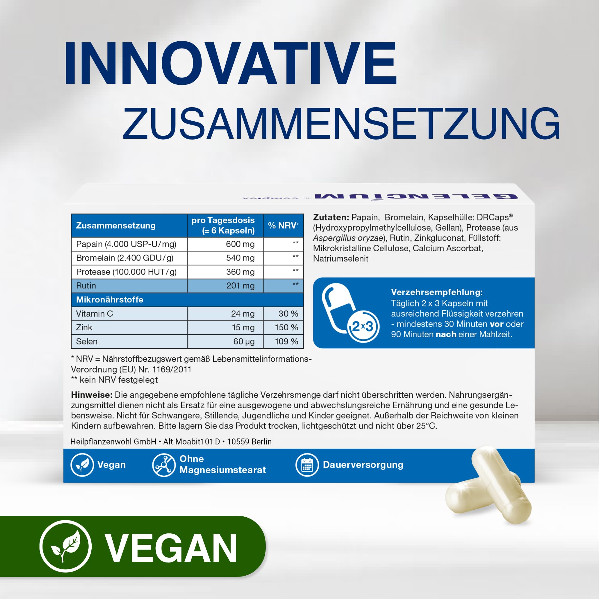 Gelencium Enzym Complex hochdosiert mit Bromelain & Papain – 100 Kapseln | 1.500 mg Enzyme: Bromelain, Papain & Protease · Mit Vitamin C, Zink & Selen für das Immunsystem · Magensaftresistent · Vegan