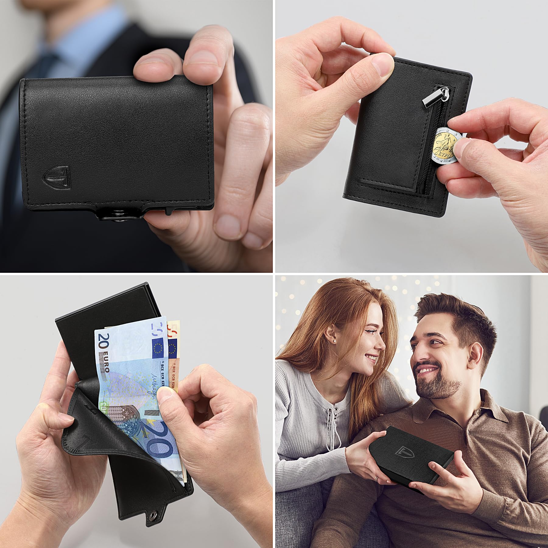 TEEHON Tarjeteros para Tarjetas de Credito | Cartera para Hombre y Mujer con Monedero | Automática Pop-up Billeteras de Protección RFID | Regalos para Hombres | Negro (A-Negro)
