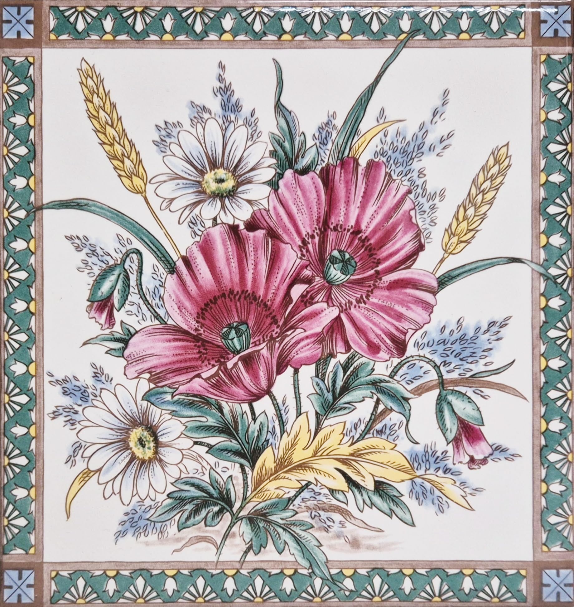 Poppy & Swallow Ceramic Tiles 15x15cm (6"x6") Decorative Floral and/or Bird Victorian Style Designs Hand Decorated in UK (Floral Tile)