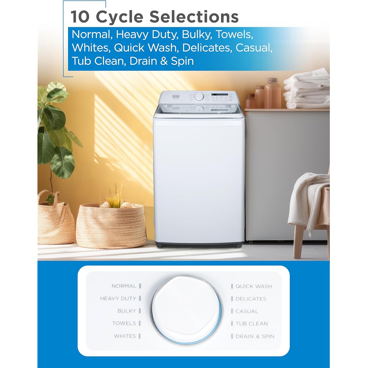 BLACK+DECKER 4.1 Cu. Ft. Top Loading Washing Machine with Agitator, Full Size Washing Machine with Glass Lid and Stainless Steel Tub, Machine with LED Display, 10 Wash Cycles, 120V, BTLW41MW, White