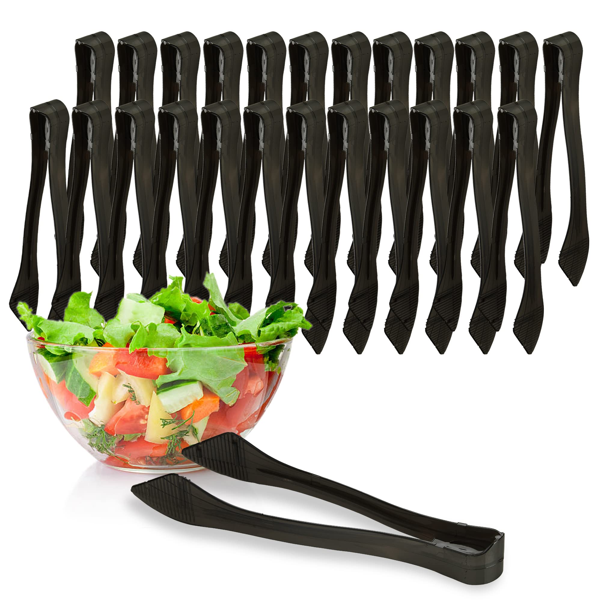 PARTY BARGAINS8.5 Inches Plastic Serving Tongs, 24 Pack, Premium Quality & Heavy-Duty Black Plastic Tongs for BBQ, Salads, Grilling, Buffets, & Kitchen