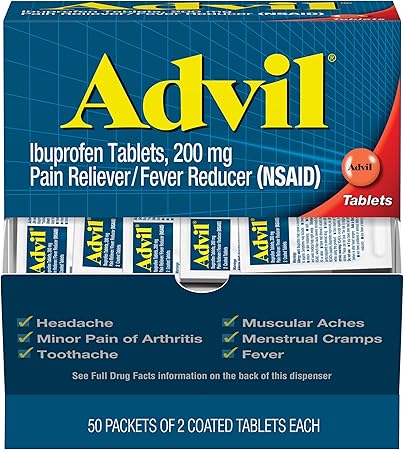 Advil Pain Reliever and Fever Reducer, Pain Relief Medicine with Ibuprofen 200mg for Headache, Backache, Menstrual Pain and Joint Pain Relief - 50x2 Coated Tablets