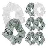 HOMSFOU 8pcs Large Satin Cloth Scrunchies Hair Bands Elastic Ponytail Holders for Women Hair Ties Set with 7 Matcha Green and 1 White for Everyday Hairstyles