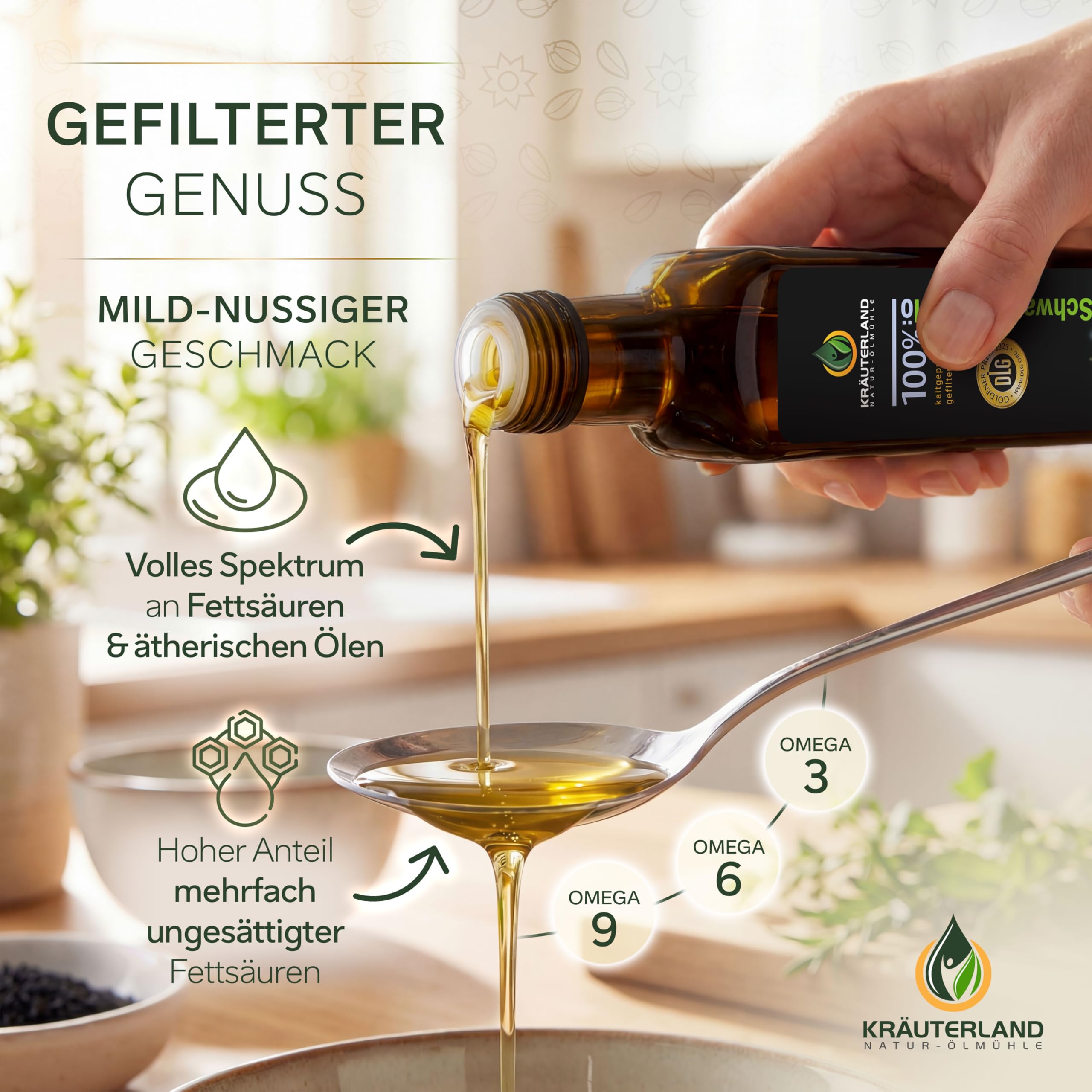 Kräuterland Schwarzkümmelöl 2X500ml (1Liter), gefiltert, naturrein ohne Zusatzstoffe, hoher Thymochinon, kaltgepresst, vegan, mild, glasflasche, mühlenfrisch direkt aus unsrer hessischen Ölmühle