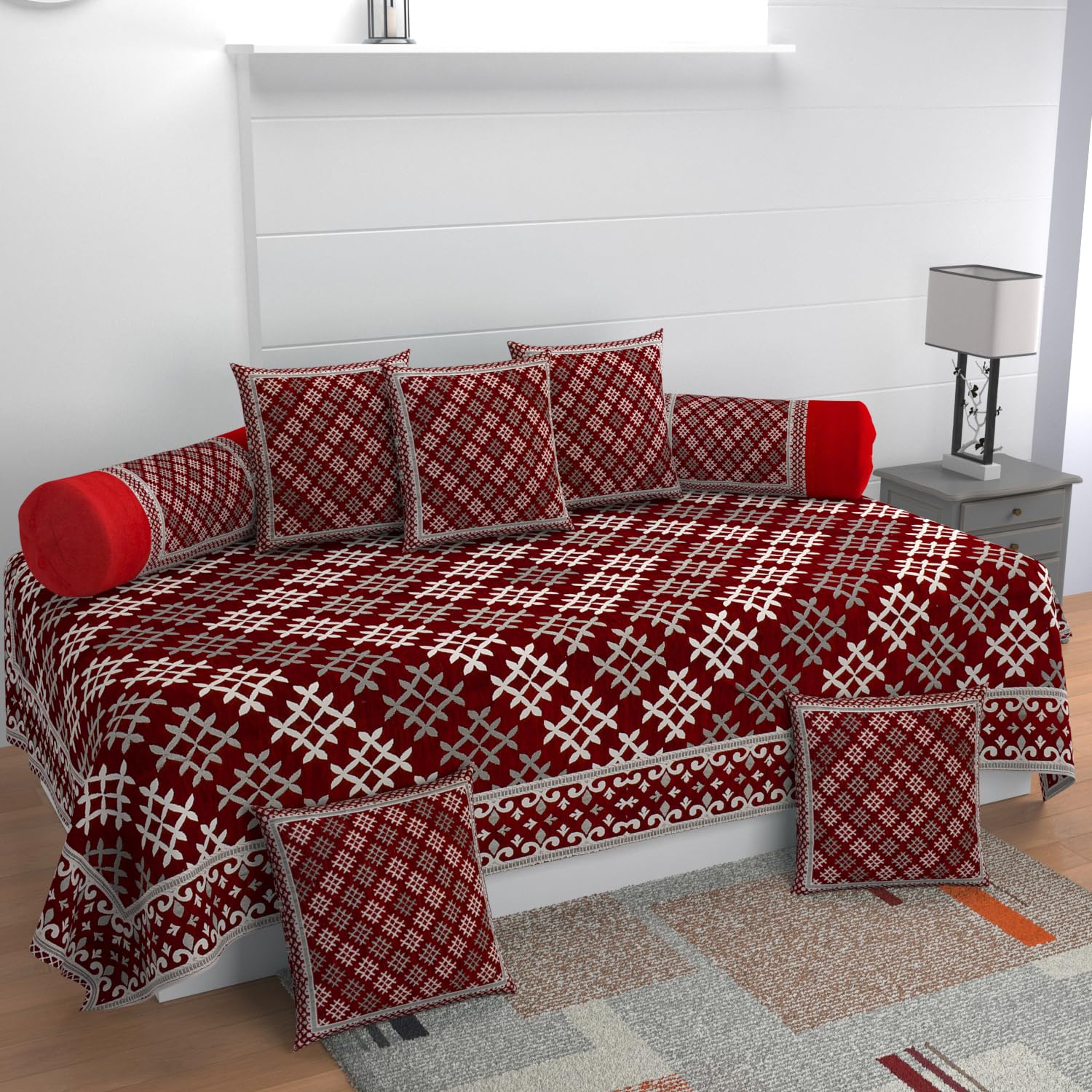 Castiqa Chenille Velvet 510Tc Heavy Quality 8 Piece Diwan Set Covers- 1 Bedsheet 2 Bolster Covers 5 Cushion Covers for Living/Drawing Room (Maroon)-image-29