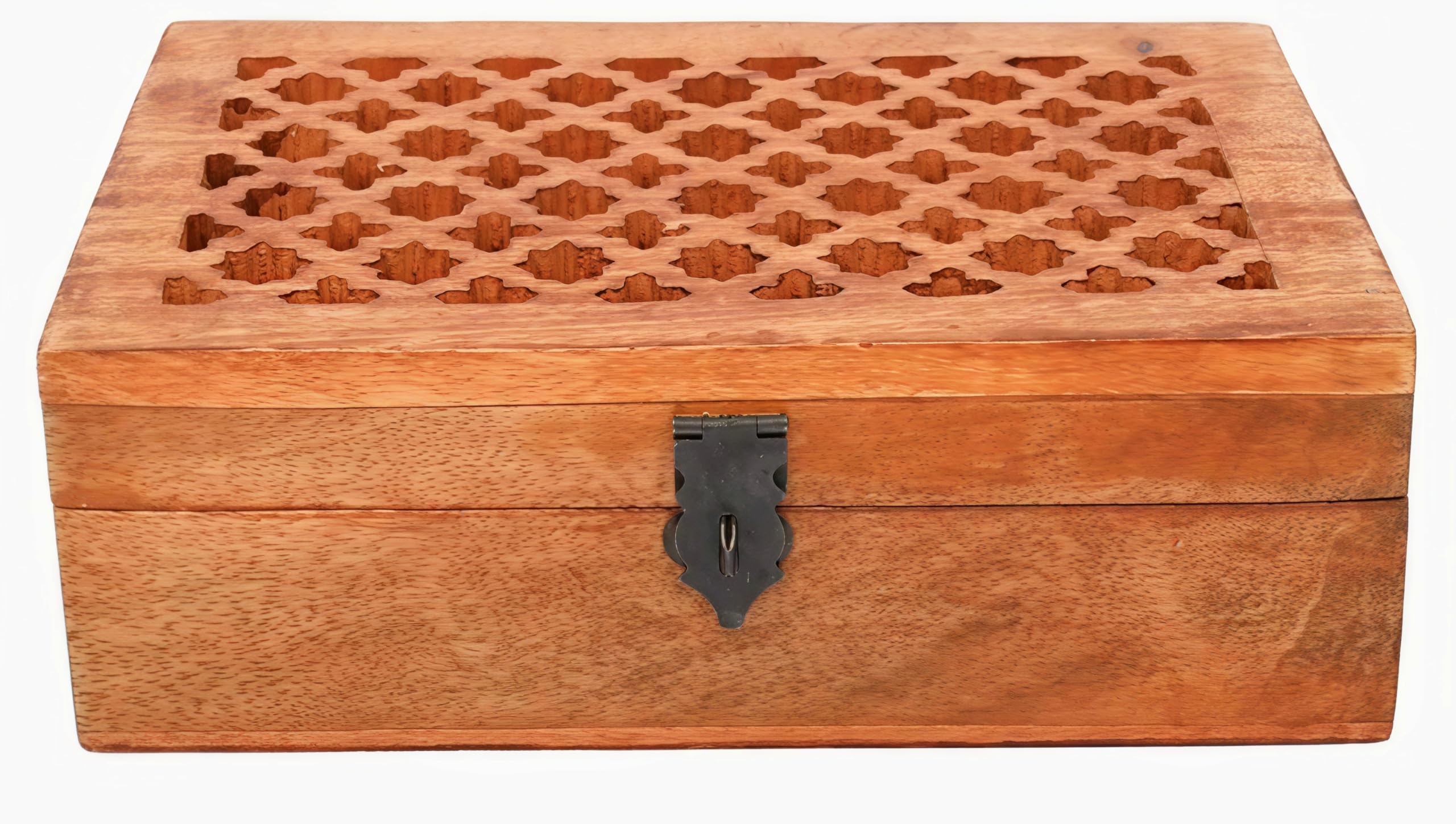 Mango Wood Decorative Wooden Box with Hinged Lid in Jali Carvings Used as Storage Box Gifts Items (8" x 5" x 3') Orange-image-16