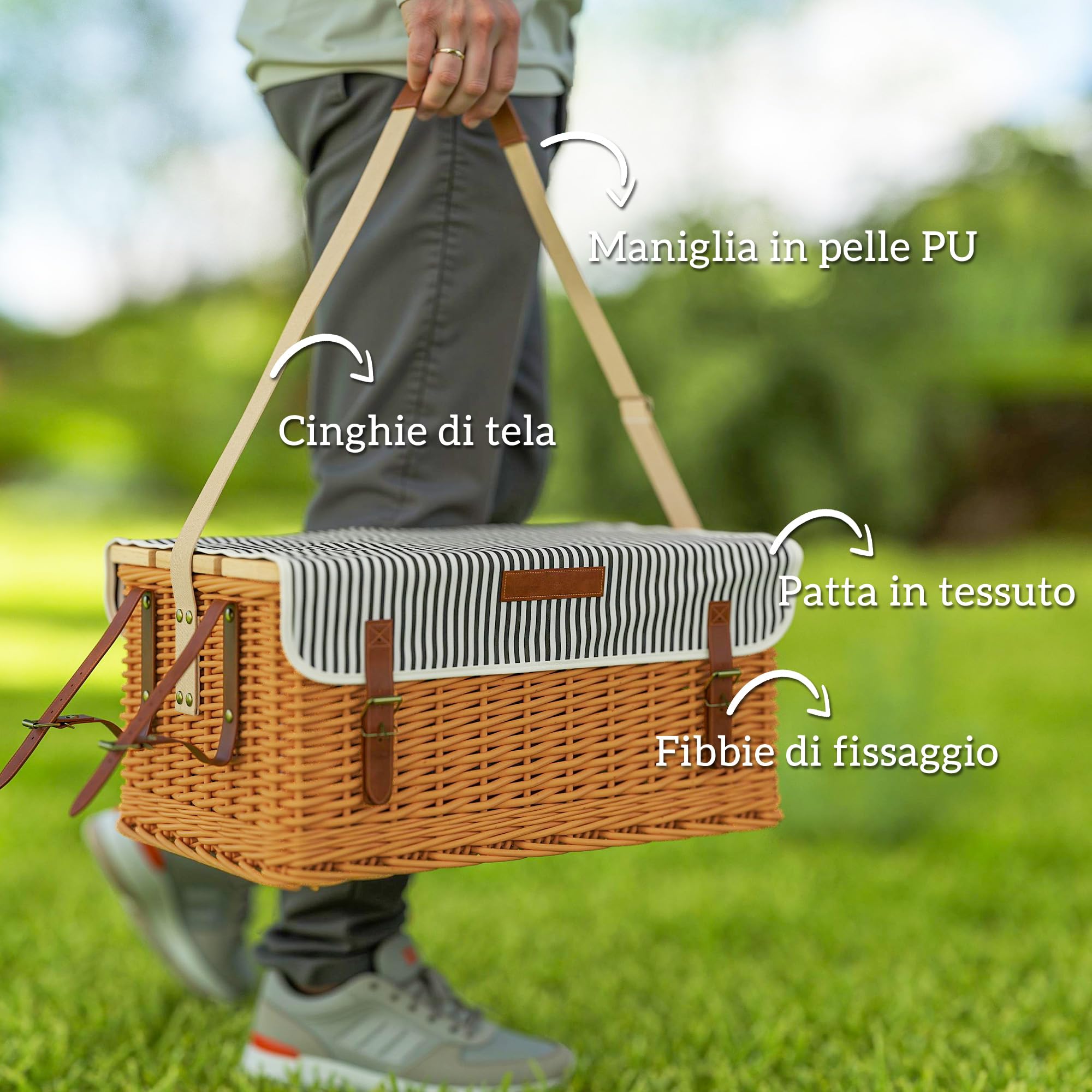 Outsunny Cestino da Picnic in Vimini per 4 Persone con Tavolino, Cesto Picnic con 4 Piatti, 12 Posate, 4 Bicchieri, Coperta e Cavatappi, 51x33x25 cm, Marrone Chiaro