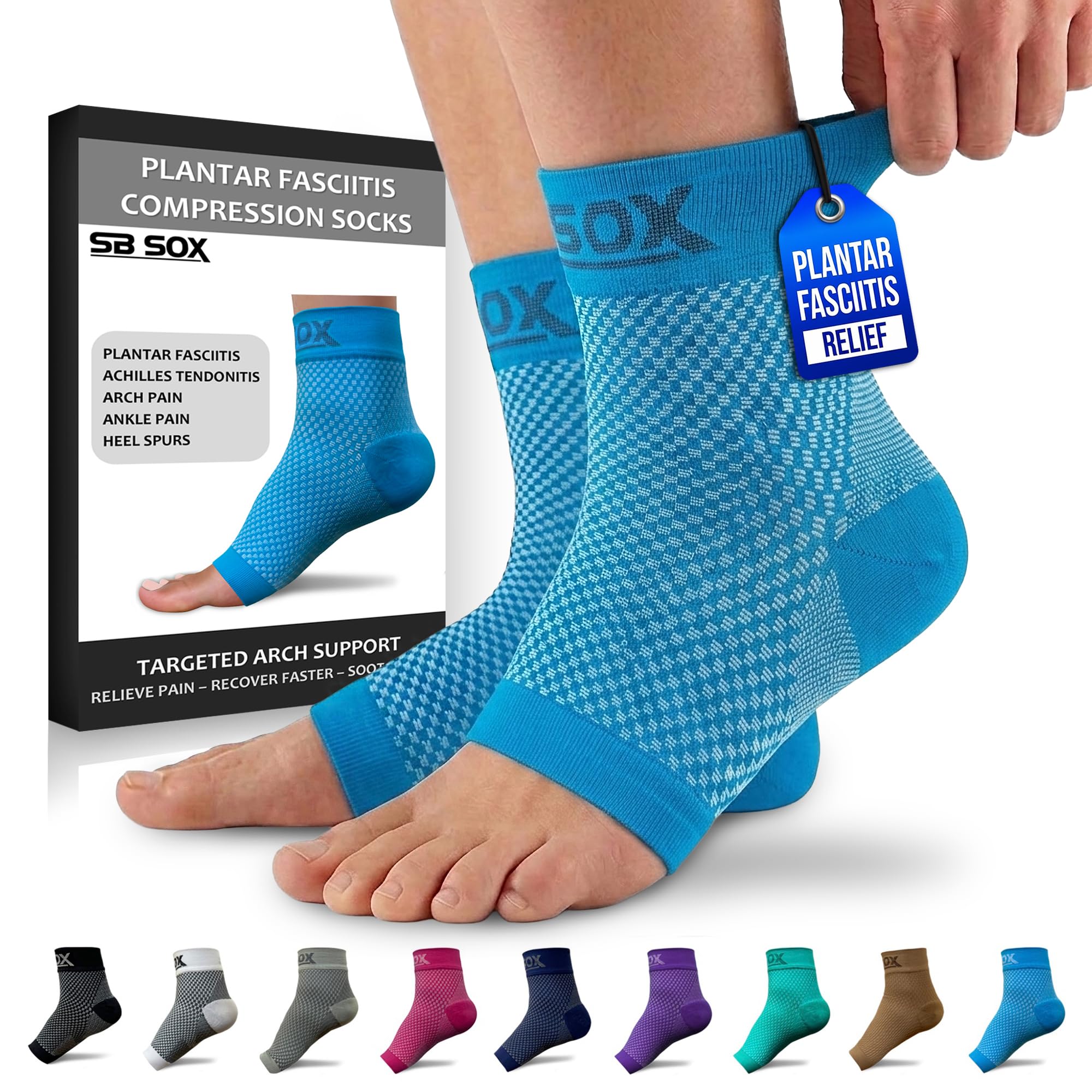 SB SOX Compression Socks for Plantar Fasciitis Relief (Blue, Large)