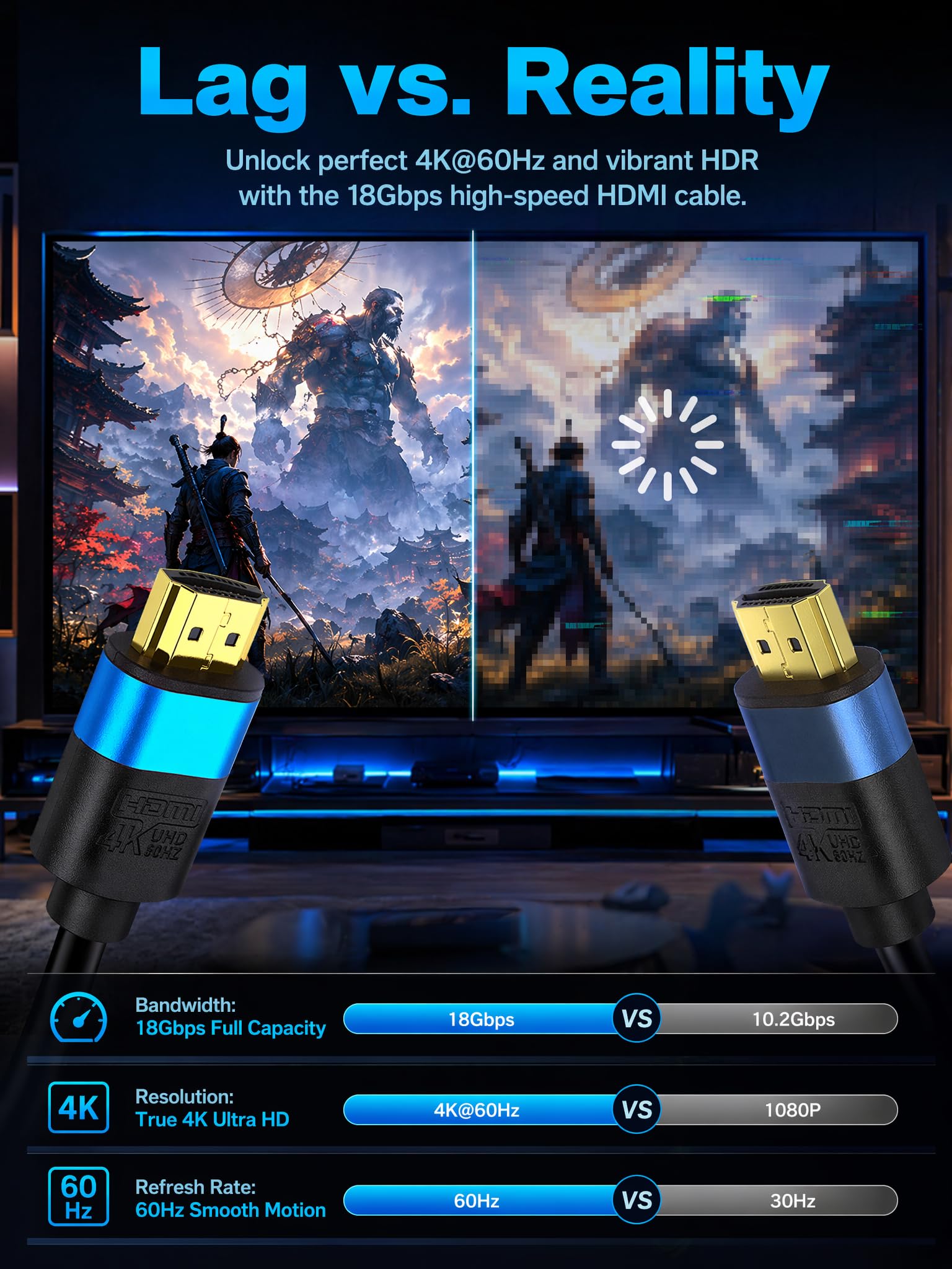 Cable HDMI largo 4K de 60 pies, cable HDMI de alta velocidad, conector dorado (azul) 4K @60Hz DTS:X, HDCP 2.2 y 2.3, HDR 10 compatible con Roku TV/PS5/HDTV/Blu-ray