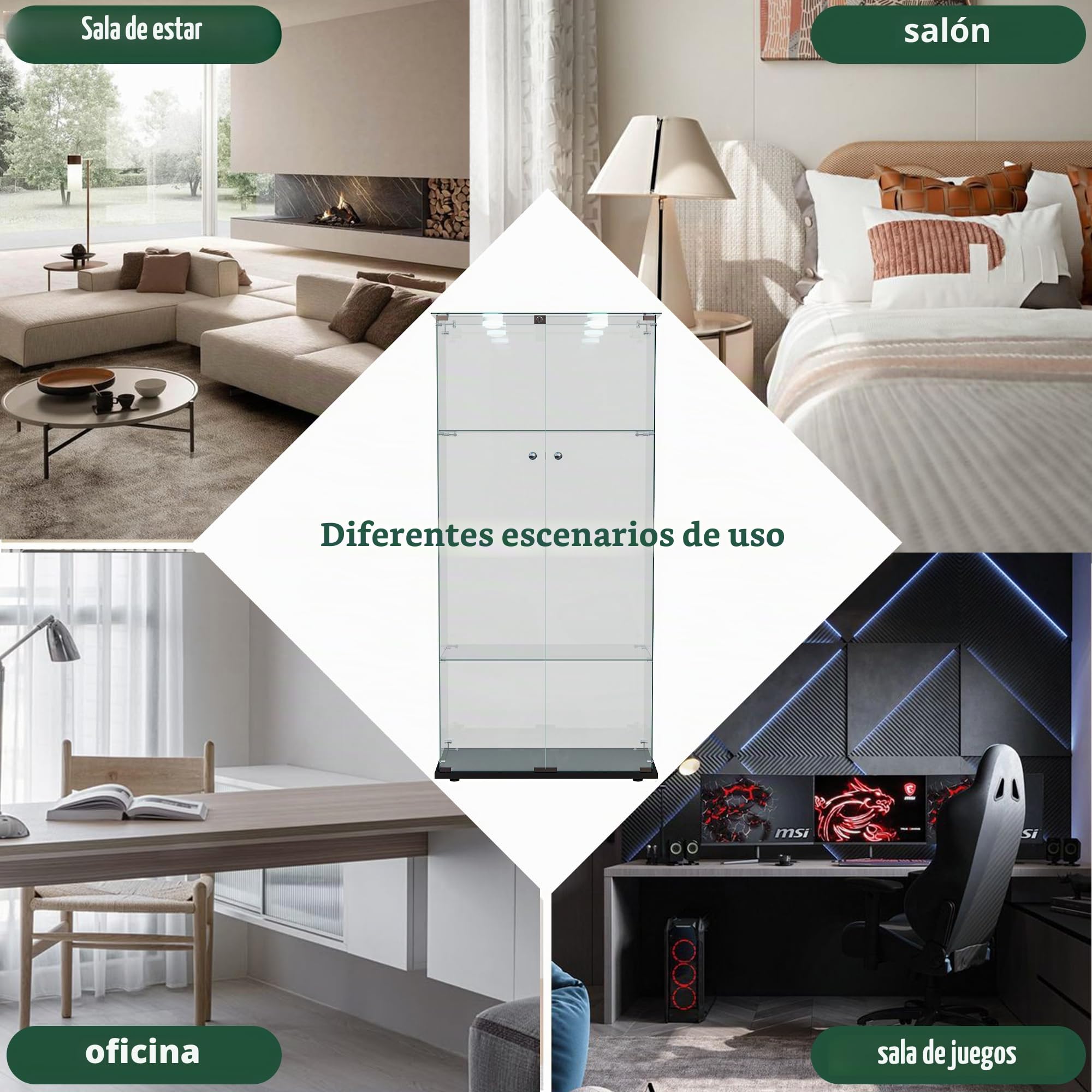Vitrina de Vidrio de 4 Capas con luz LED y 2 Puertas, Vitrina de Vidrio Templado con Cerradura, vitrinas de colección Independiente, estantería para Sala de Estar (Negro, 4 Capas 2 Puertas-A)